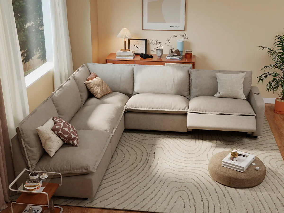 5 Piece Khaki Linen Great Room V Shaped Sectionals 5 Seater 7