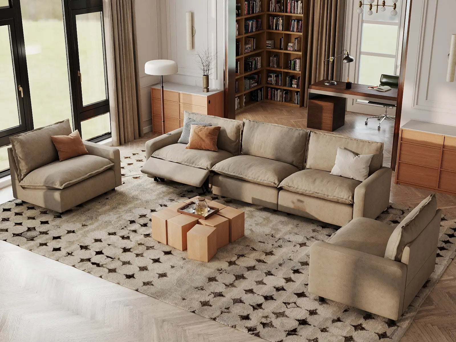 5 Piece Khaki Linen High Ceiling Room U Shaped Sectionals 5 Seater 1