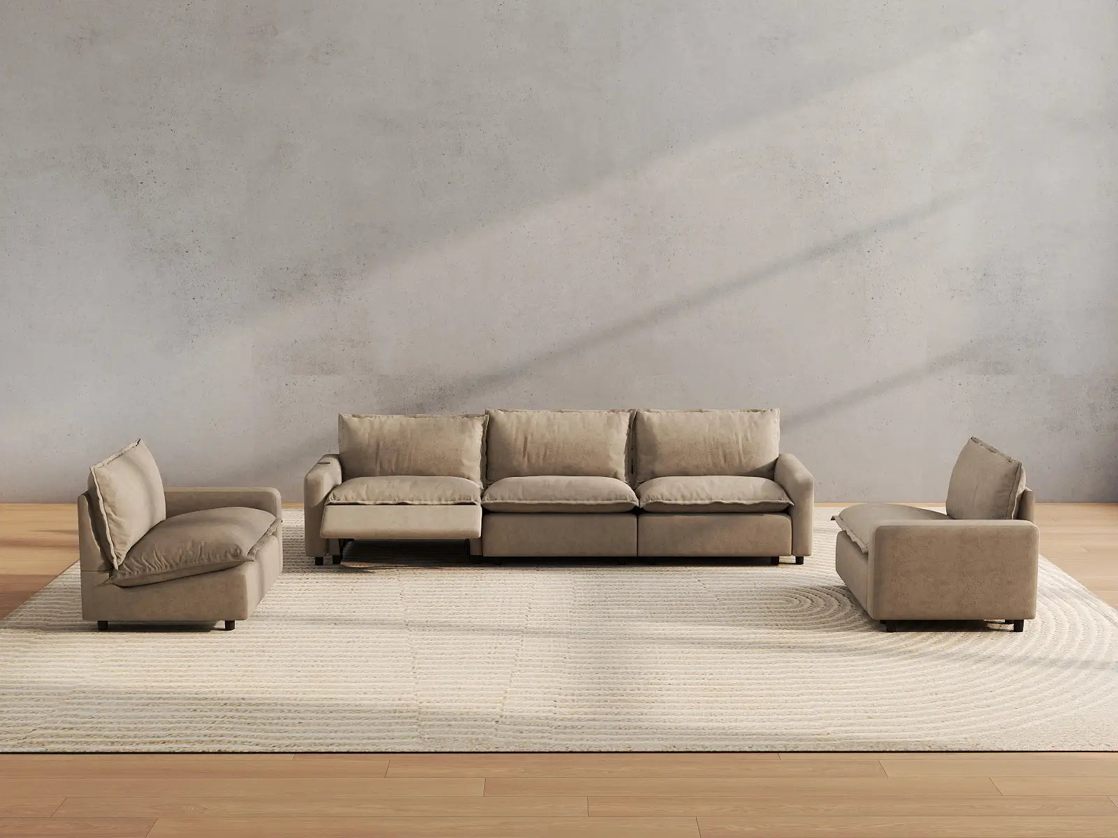 5 Piece Khaki Linen High Ceiling Room U Shaped Sectionals 5 Seater 5