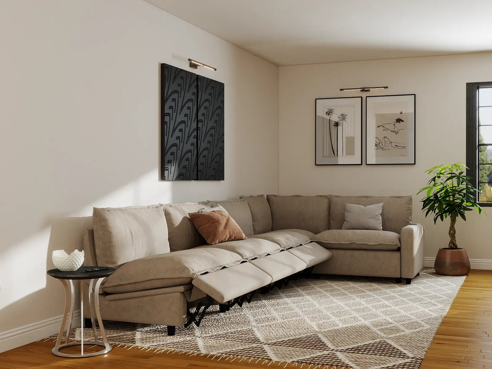 Modular Cero Sectional Couch with Recliner | 5-Piece Khaki Linen Home Living L-Shaped Sectionals 5-Seater
