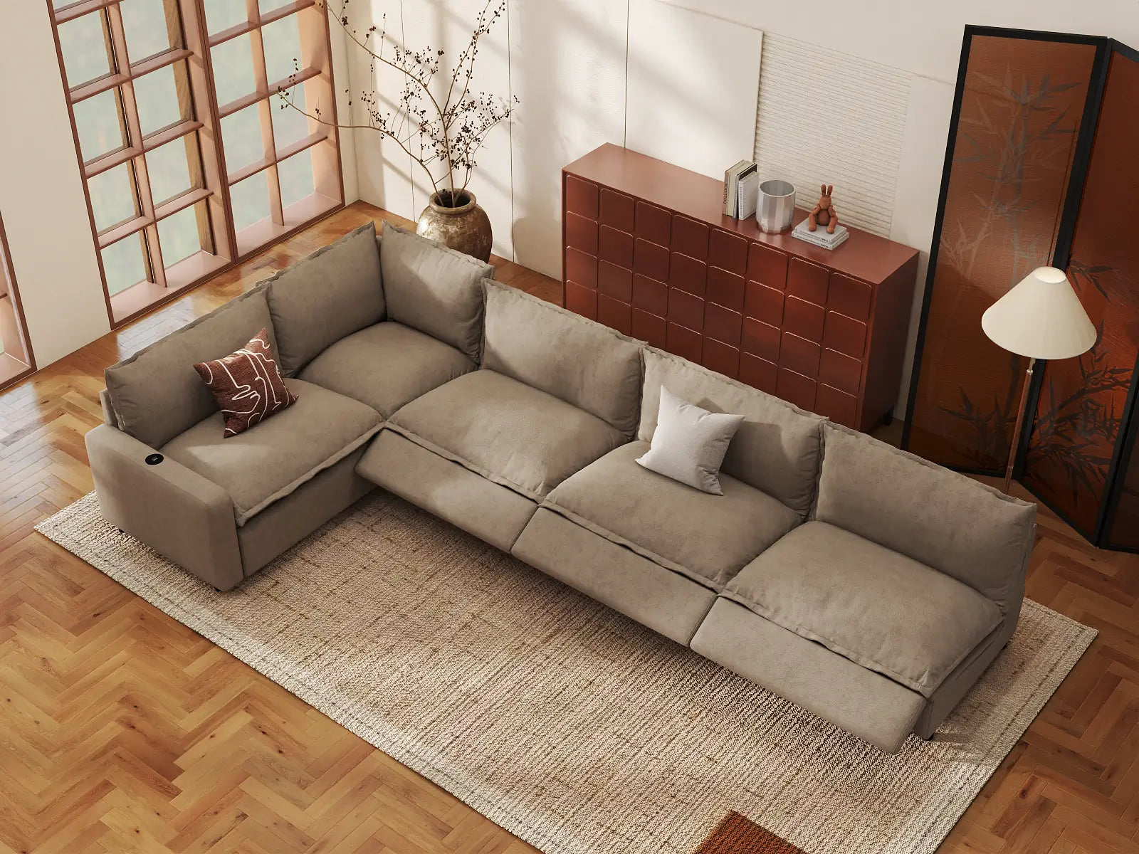 Modular Cero Sectional Couch with Recliner | 5-Piece Khaki Linen Home Living L-Shaped Sectionals 5-Seater
