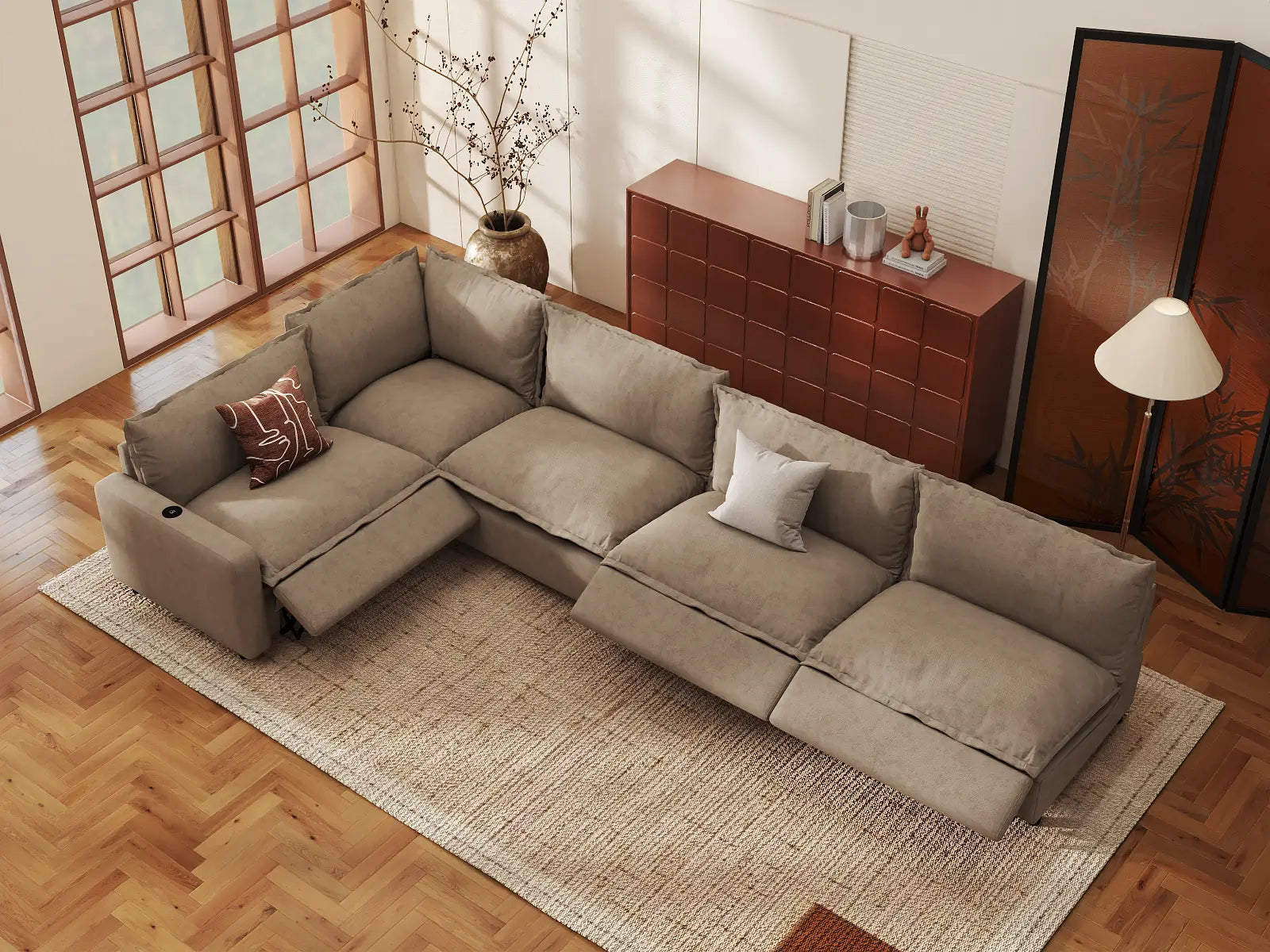 Modular Cero Sectional Couch with Recliner | 5-Piece Khaki Linen Home Living L-Shaped Sectionals 5-Seater