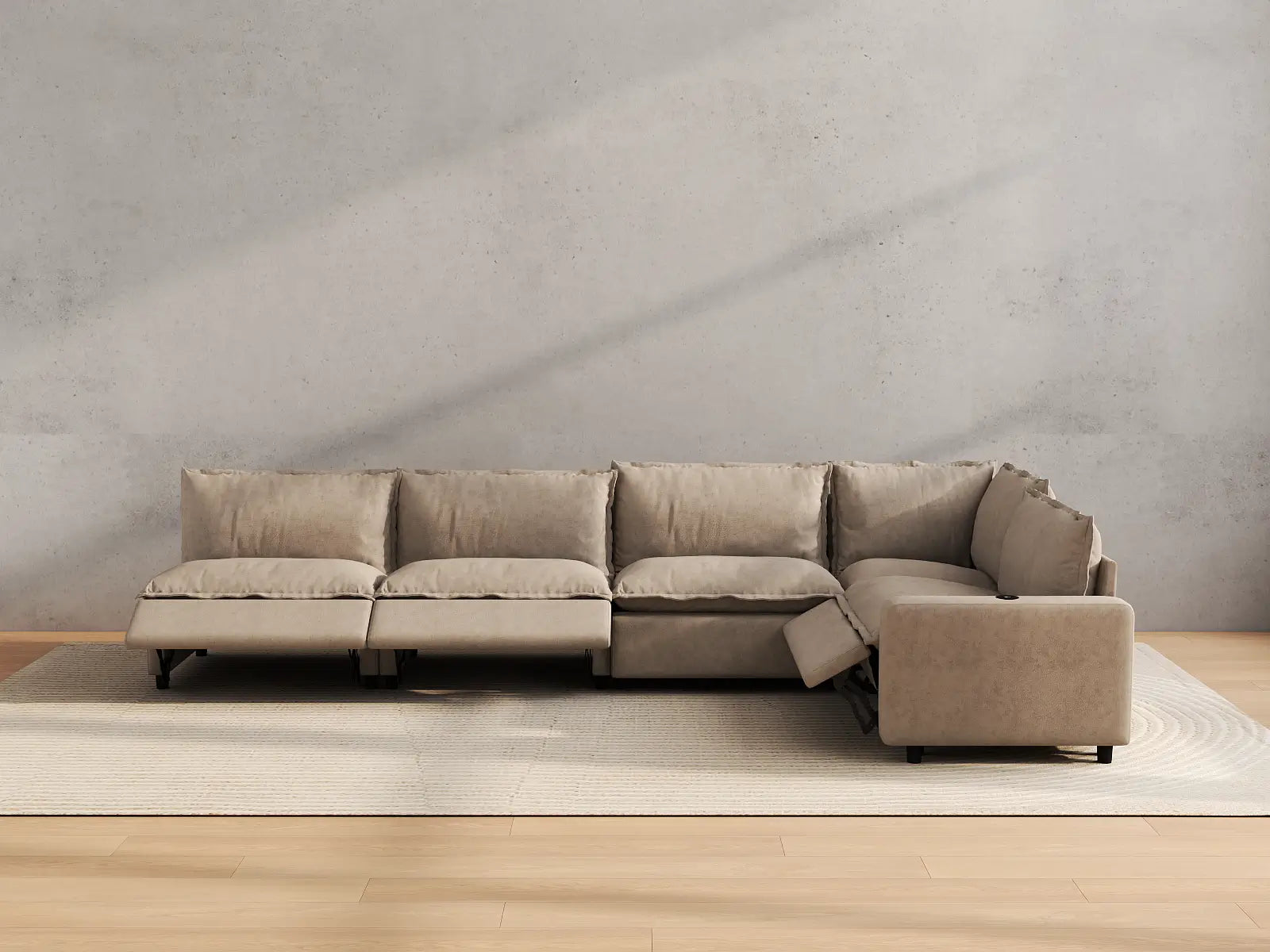 Modular Cero Sectional Couch with Recliner | 5-Piece Khaki Linen Home Living L-Shaped Sectionals 5-Seater
