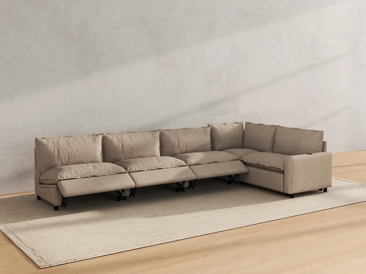 Modular Cero Reclining Sectionals | 5-Piece Khaki Linen Home Living L-Shaped Sectionals 5-Seater