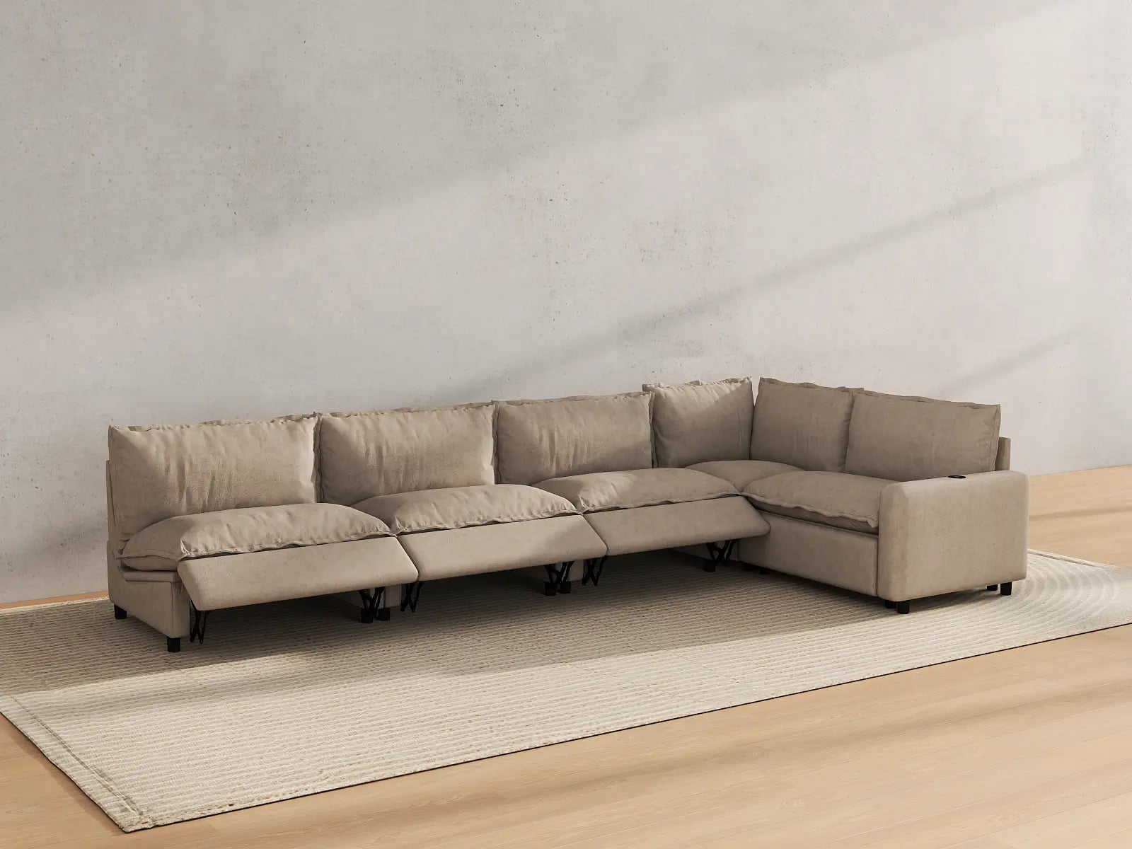 Modular Cero Sectional Couch with Recliner | 5-Piece Khaki Linen Home Living L-Shaped Sectionals 5-Seater