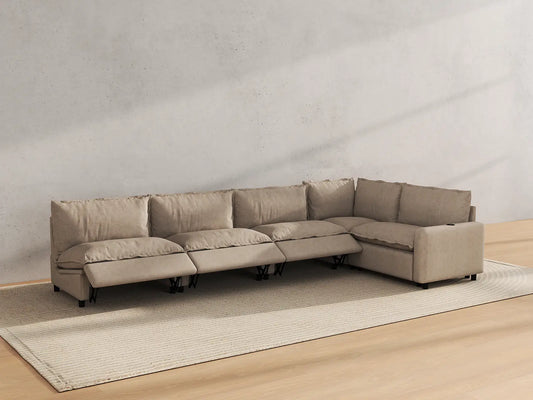 Modular Cero Reclining Sectionals | 5-Piece Khaki Linen Home Living L-Shaped Sectionals 5-Seater