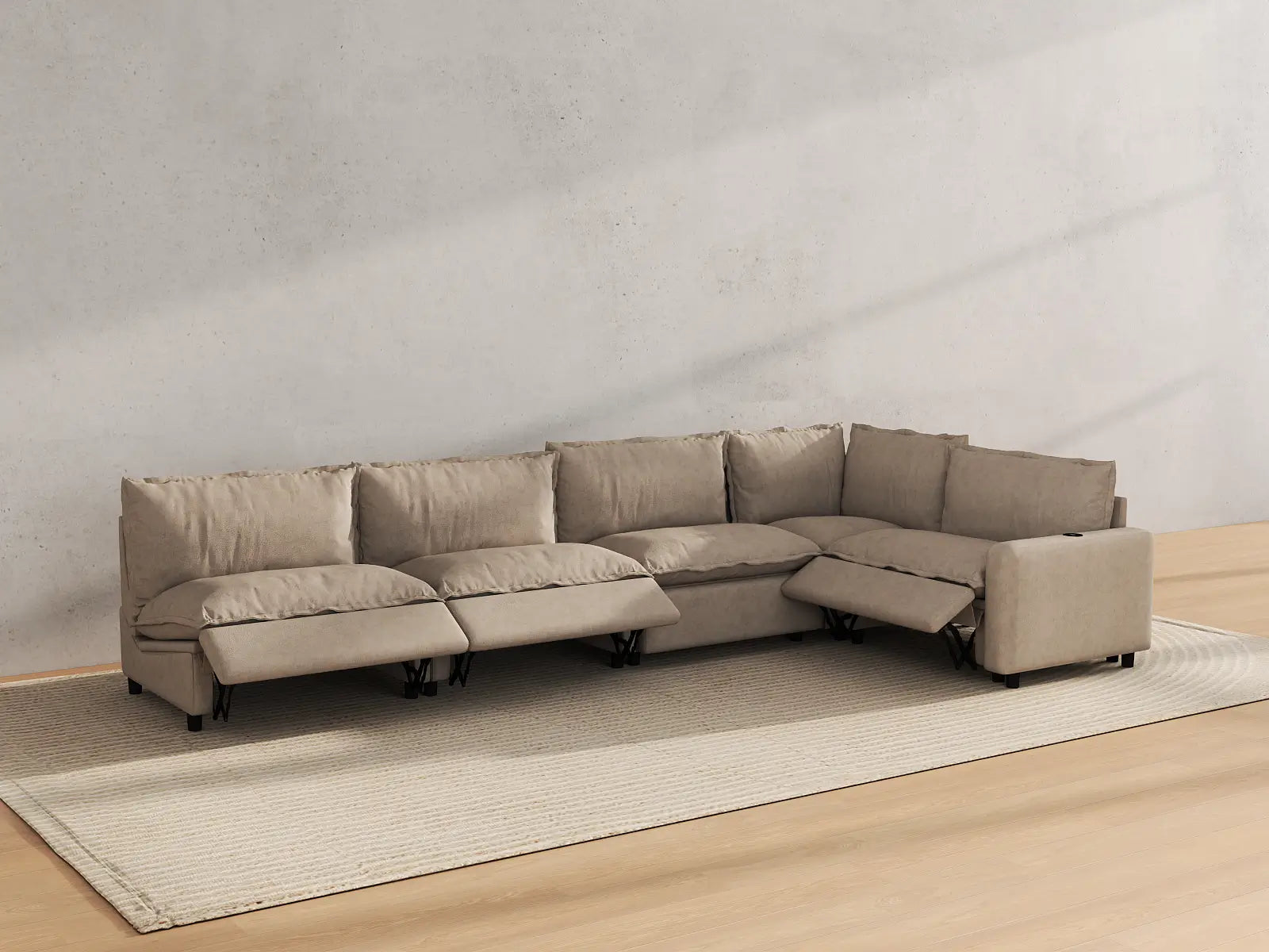 Modular Cero Sectional Couch with Recliner | 5-Piece Khaki Linen Home Living L-Shaped Sectionals 5-Seater