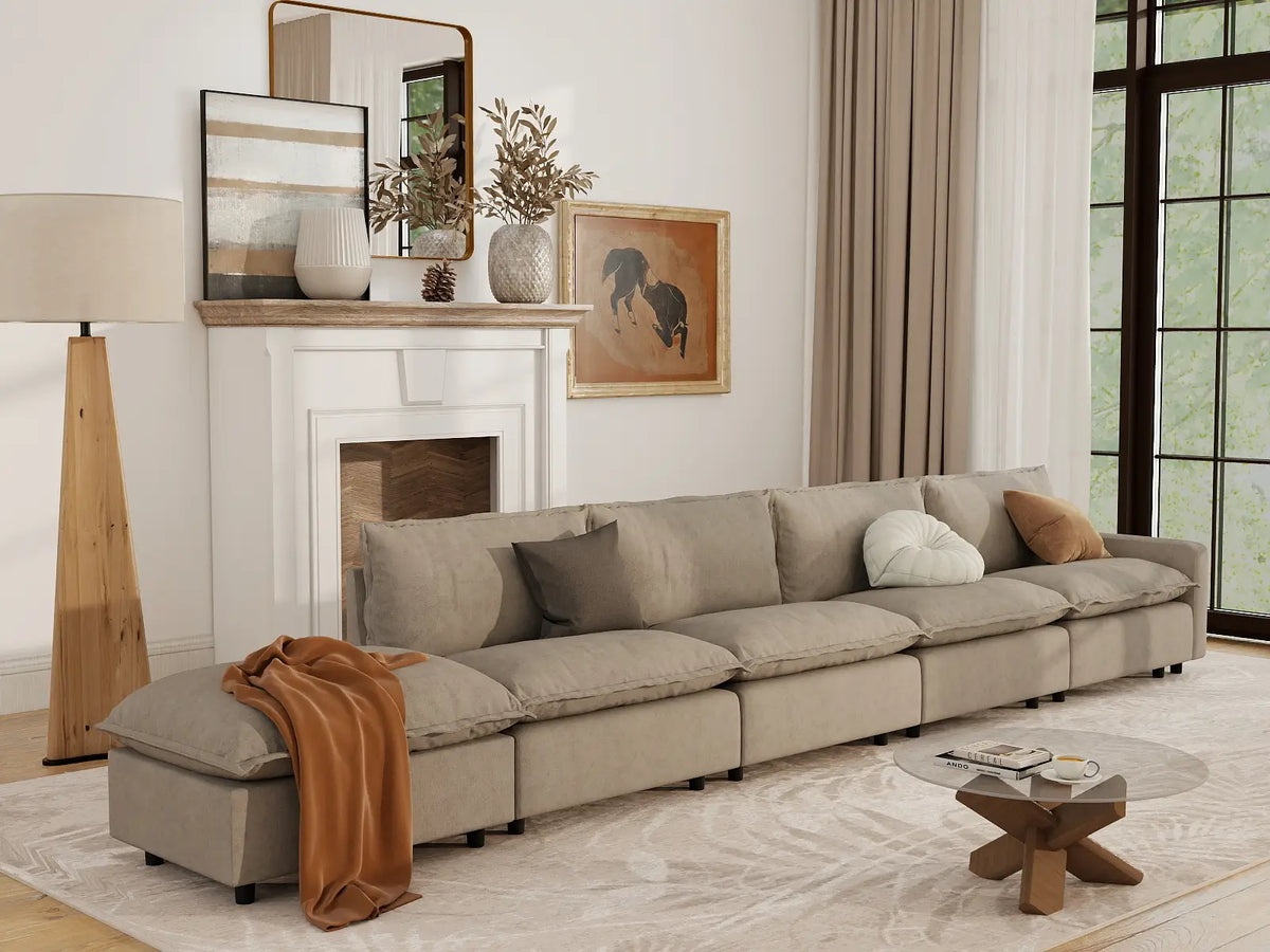 5 Piece Khaki Linen Large Space Couch Sectionals 4 Seater with 1 Ottoman 1