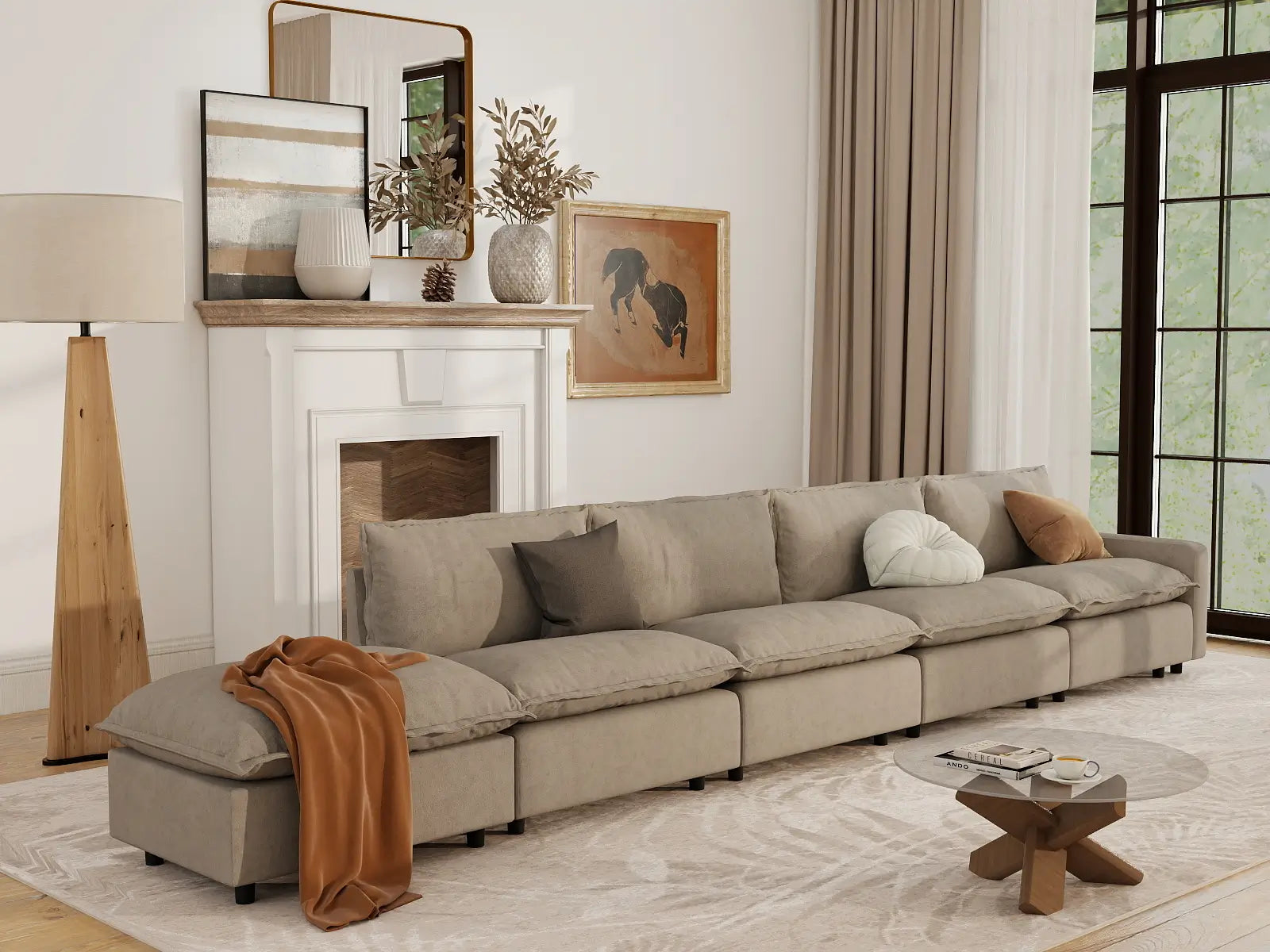 5 Piece Khaki Linen Large Space Couch Sectionals 4 Seater with 1 Ottoman 1