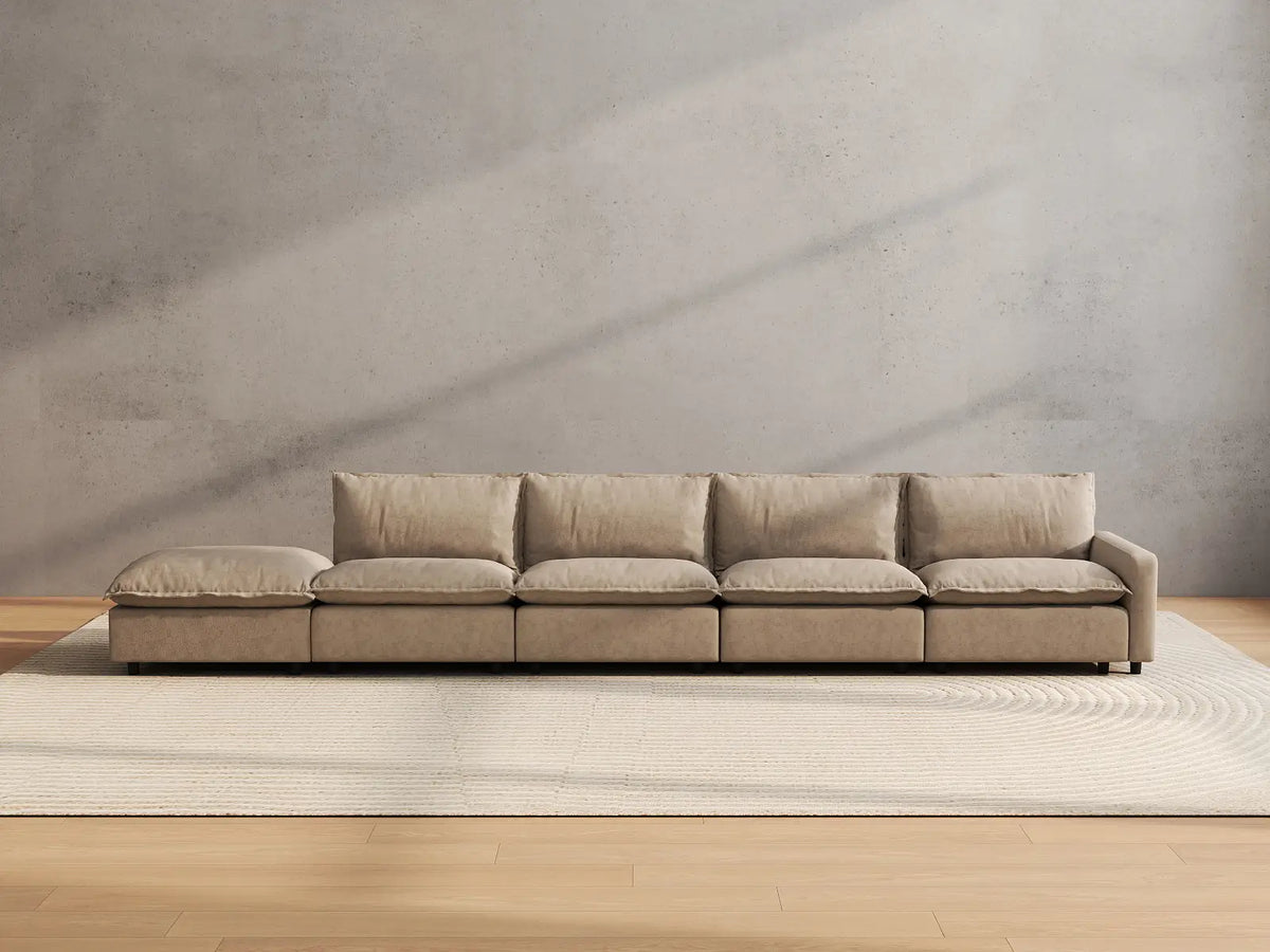 5 Piece Khaki Linen Large Space Couch Sectionals 4 Seater with 1 Ottoman 3