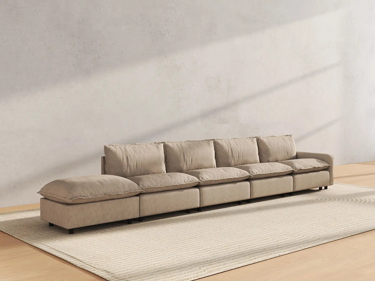 5 Piece Khaki Linen Large Space Couch Sectionals 4 Seater with 1 Ottoman 4