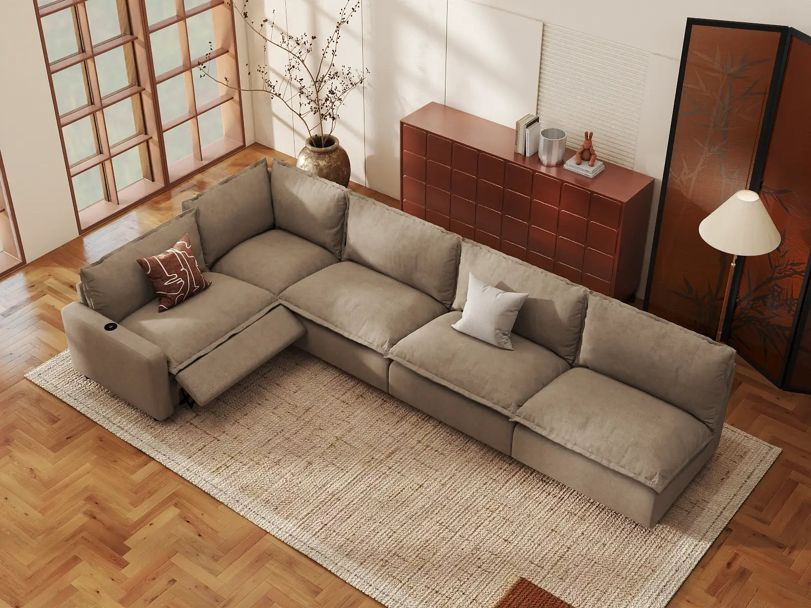 Modular Cero L Shaped Sectional with Recliner | 5-Piece Khaki Linen Large Space L-Shaped Sectionals 5-Seater
