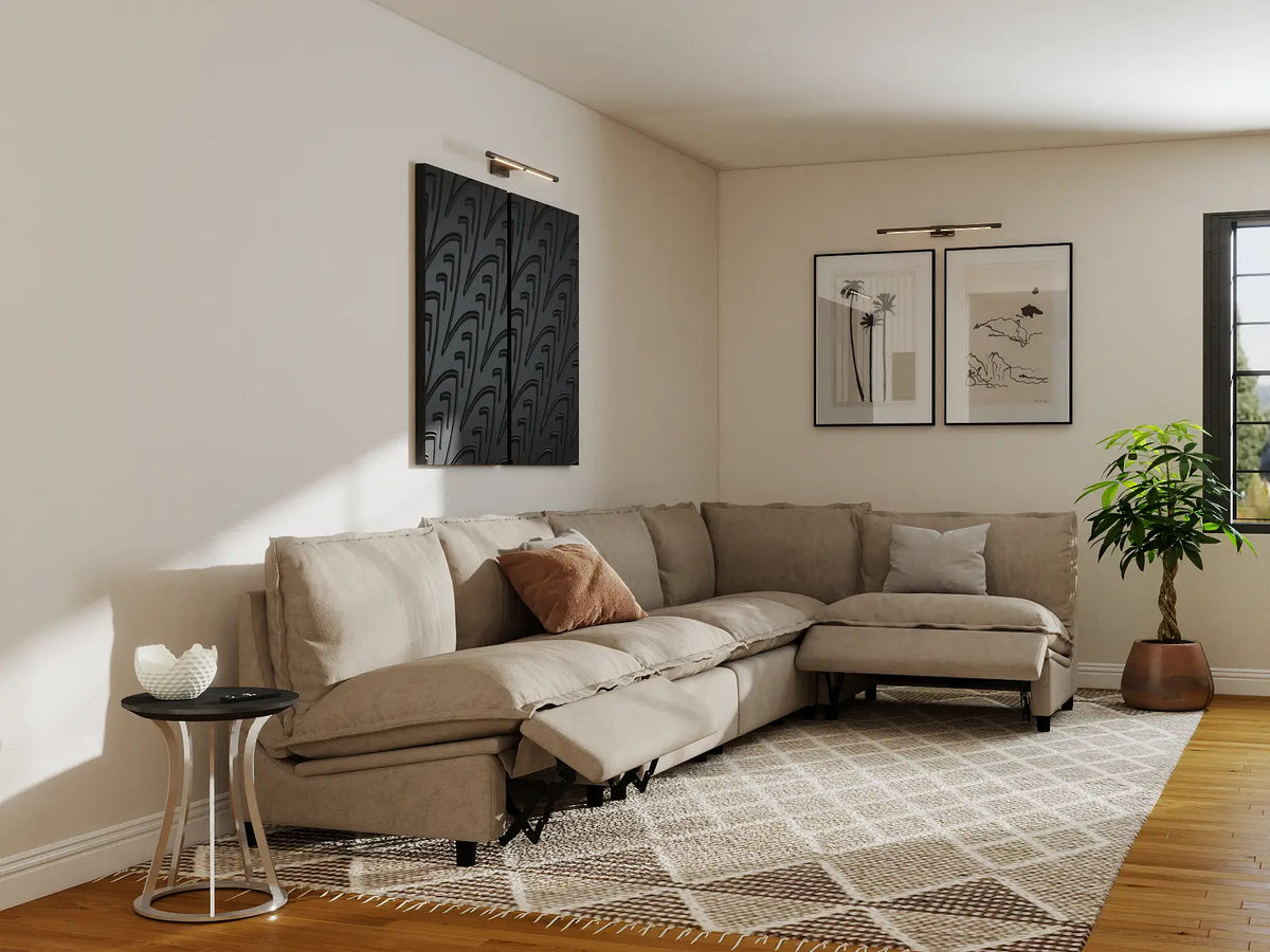 Modular Cero Reclining Sectionals | 5-Piece Khaki Linen Large Space L-Shaped Sectionals 5-Seater