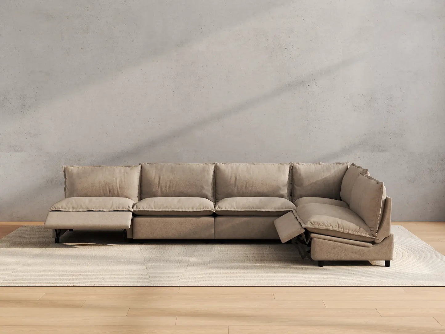 Modular Cero Reclining Sectionals | 5-Piece Khaki Linen Large Space L-Shaped Sectionals 5-Seater