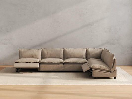 Modular Cero Reclining Sectionals | 5-Piece Khaki Linen Large Space L-Shaped Sectionals 5-Seater