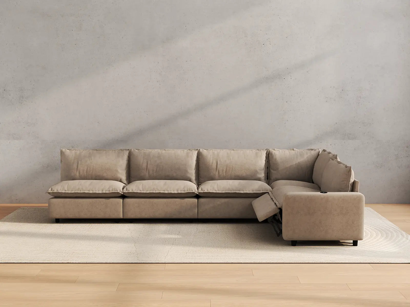 Modular Cero L Shaped Sectional with Recliner | 5-Piece Khaki Linen Large Space L-Shaped Sectionals 5-Seater