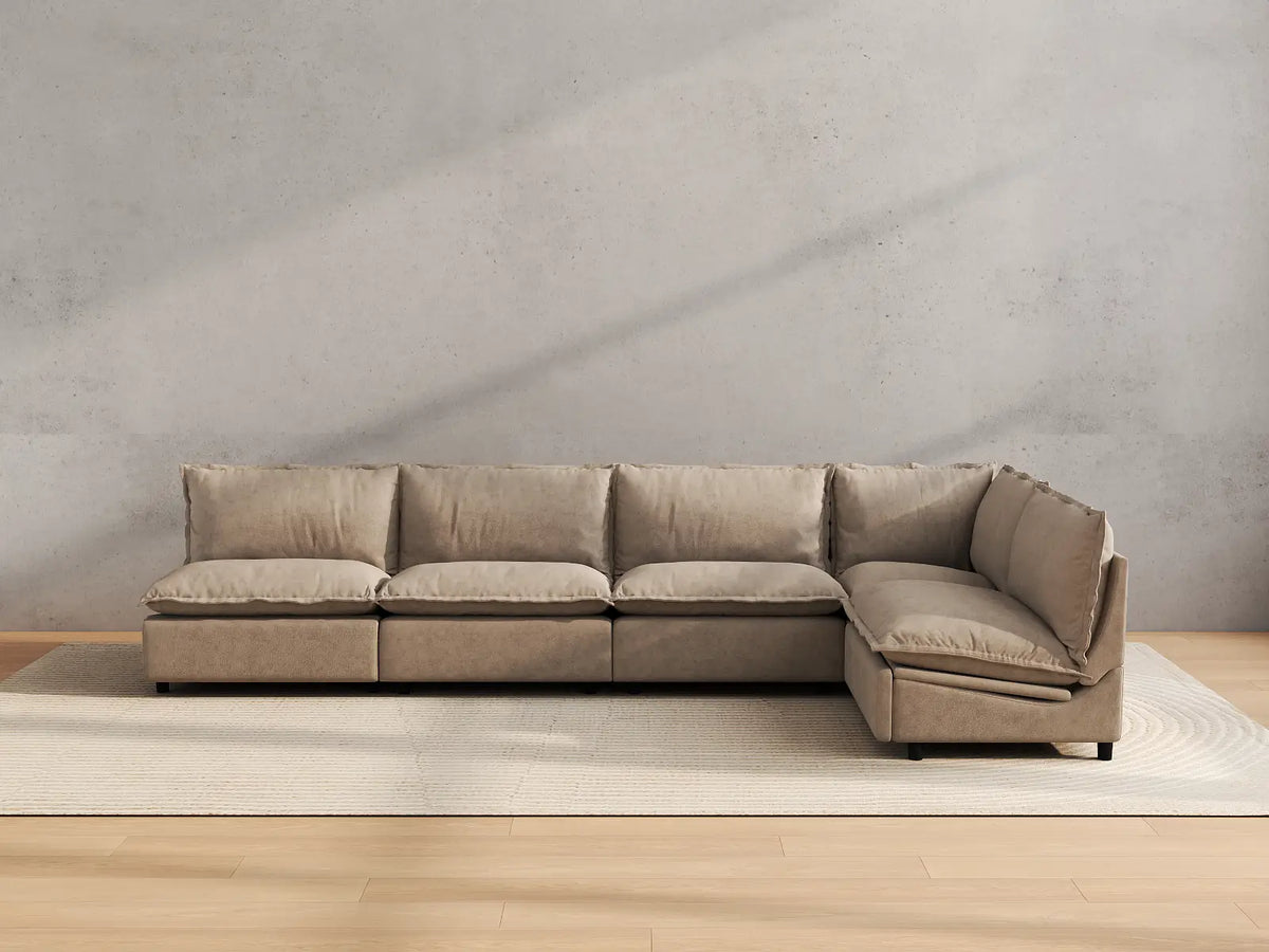 Modular Cero Reclining Sectionals | 5-Piece Khaki Linen Large Space L-Shaped Sectionals 5-Seater