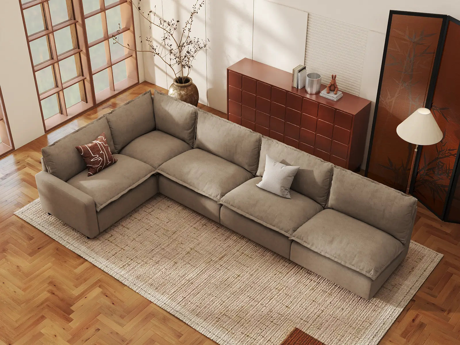 Modular Cero Large Modular Sectional | 5-Piece Khaki Linen Large Space L-Shaped Sectionals 5-Seater