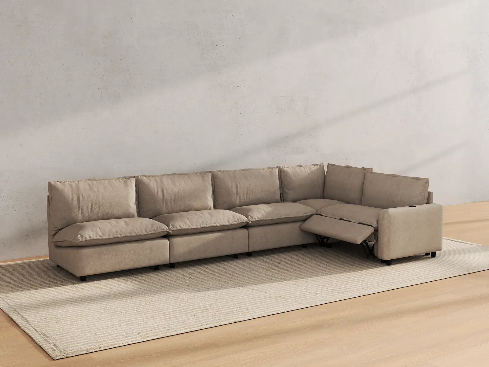 Modular Cero L Shaped Sectional with Recliner | 5-Piece Khaki Linen Large Space L-Shaped Sectionals 5-Seater