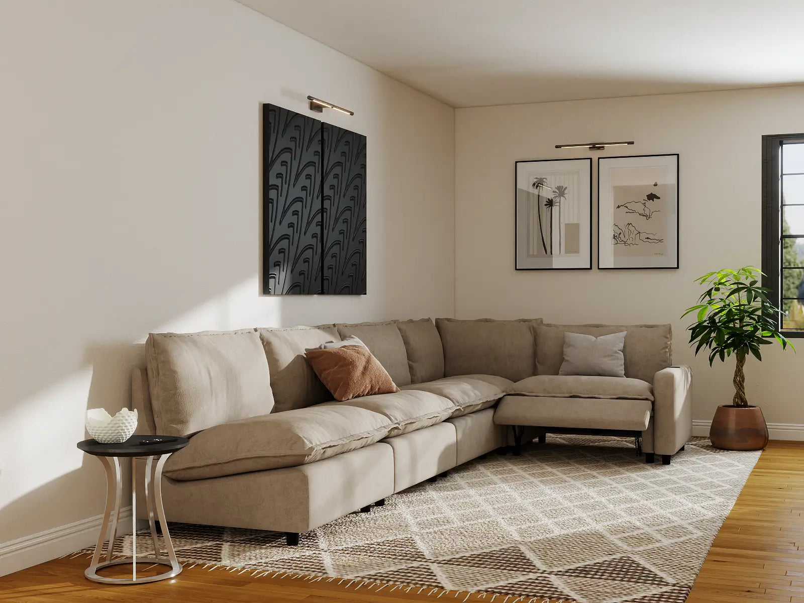 Modular Cero L Shaped Sectional with Recliner | 5-Piece Khaki Linen Large Space L-Shaped Sectionals 5-Seater
