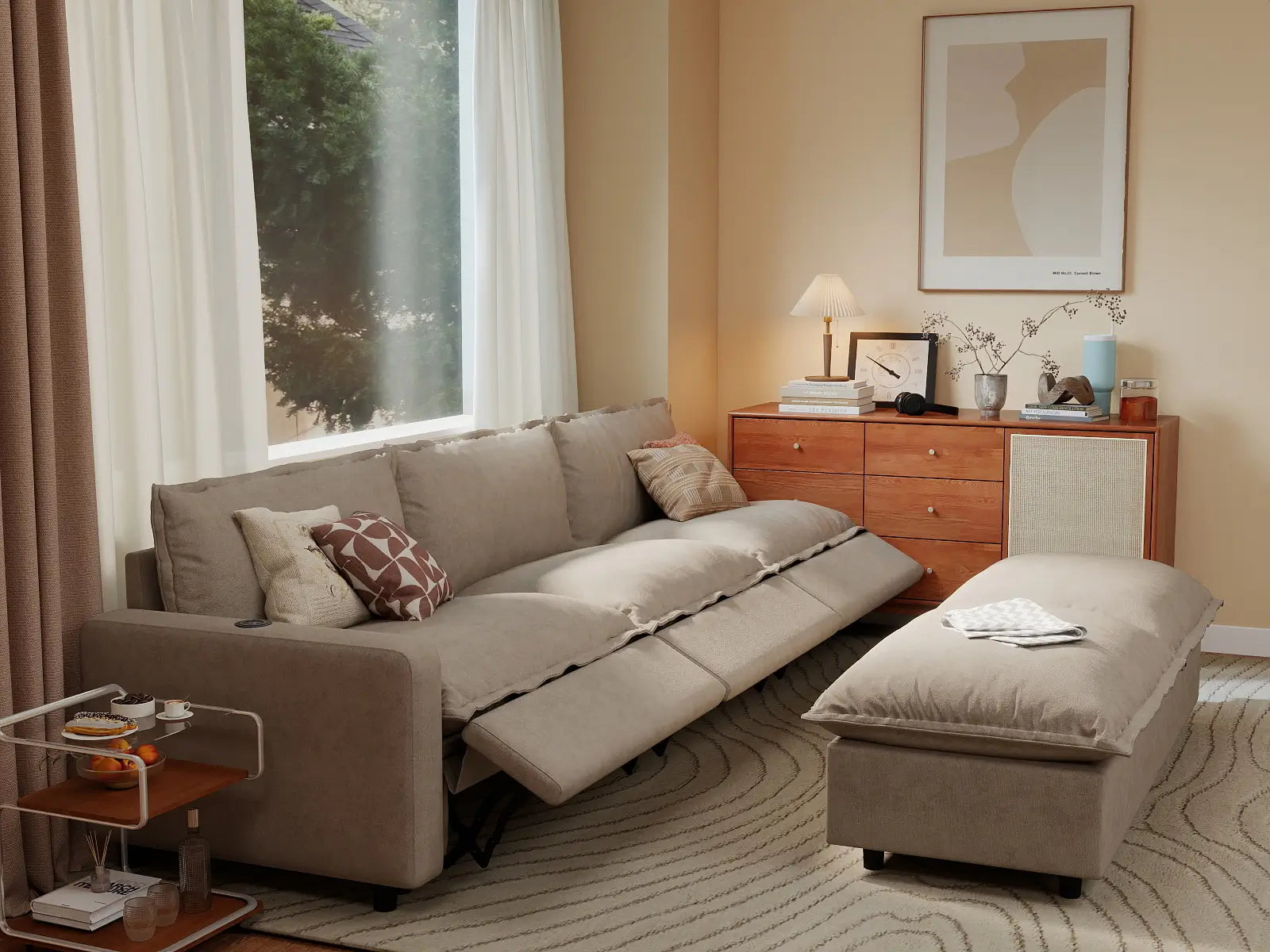 5 Piece Khaki Linen Large Space Sofa Sets 3 Seater with 2 Ottomans 1