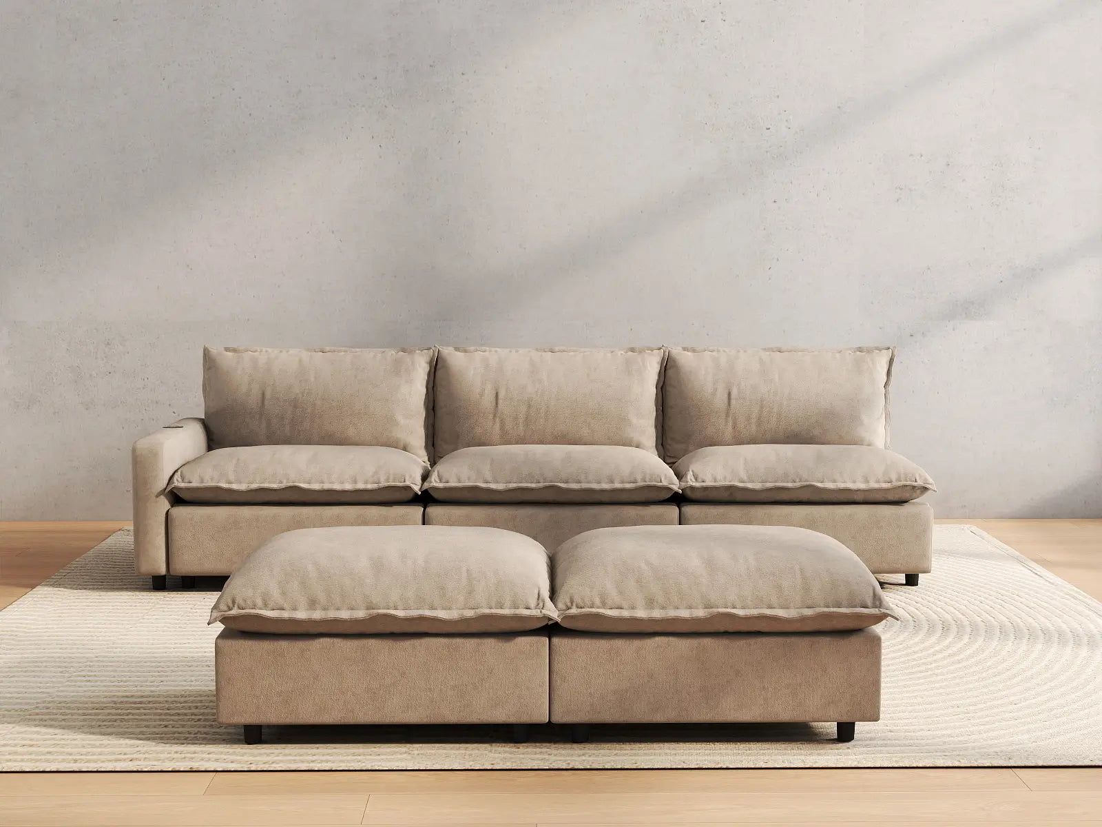 5 Piece Khaki Linen Large Space Sofa Sets 3 Seater with 2 Ottomans 4