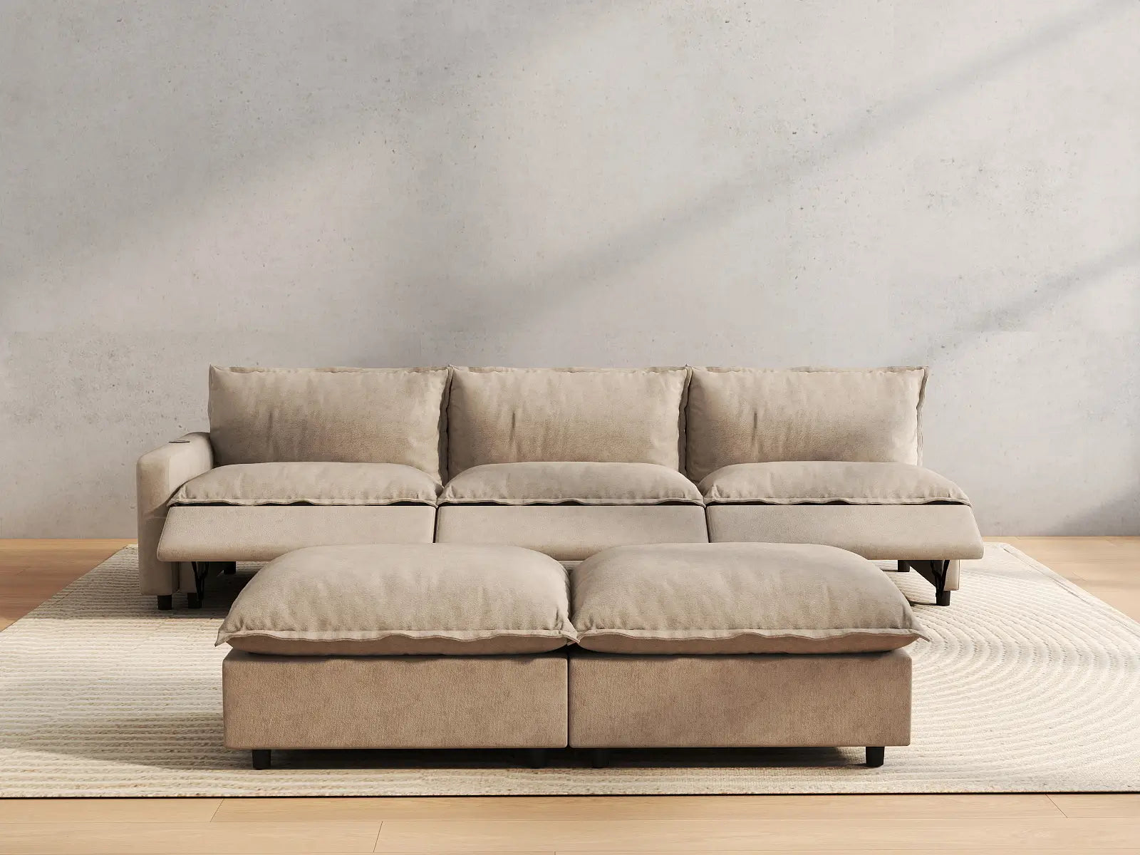 5 Piece Khaki Linen Large Space Sofa Sets 3 Seater with 2 Ottomans 5