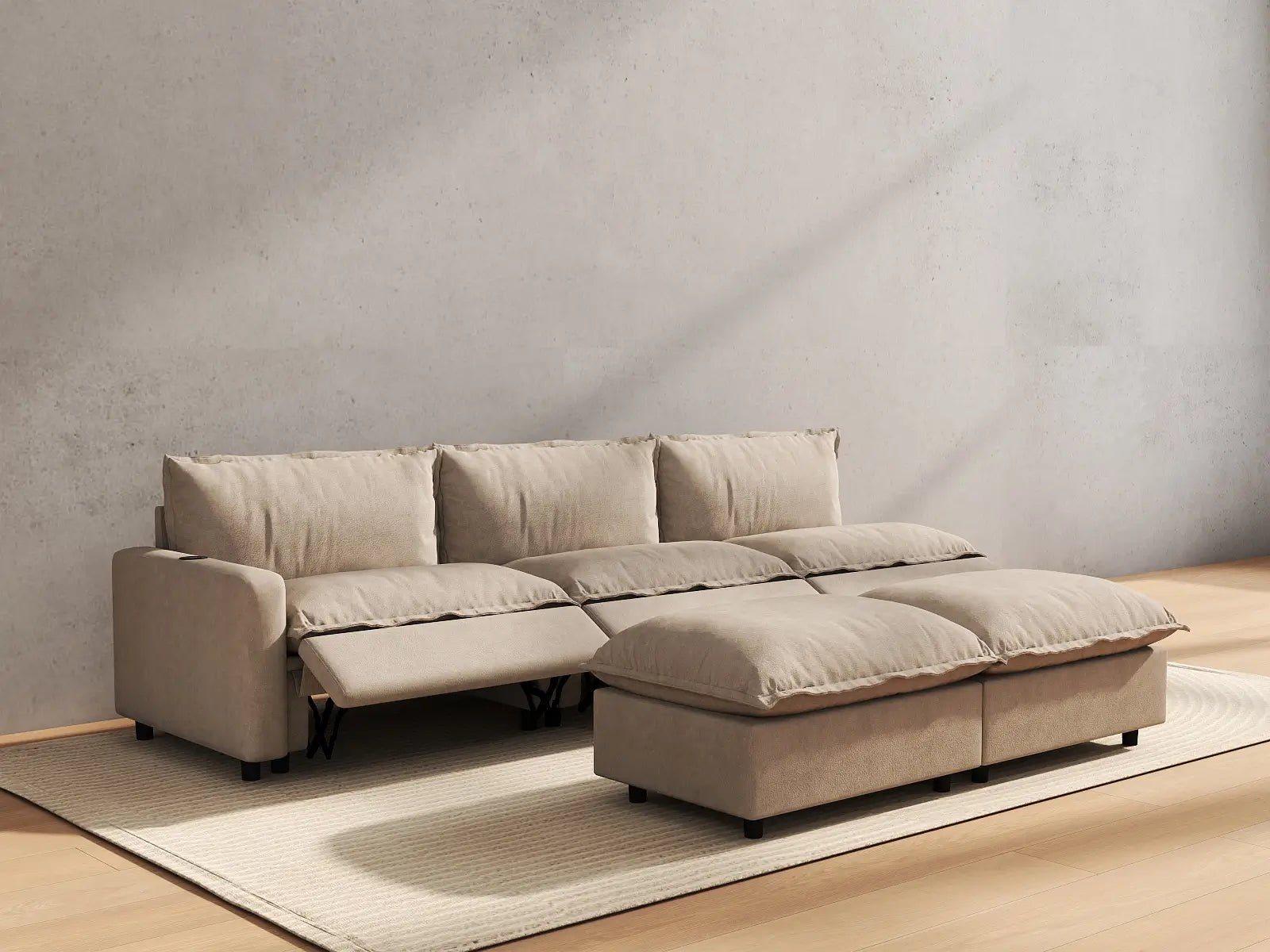5 Piece Khaki Linen Large Space Sofa Sets 3 Seater with 2 Ottomans 6