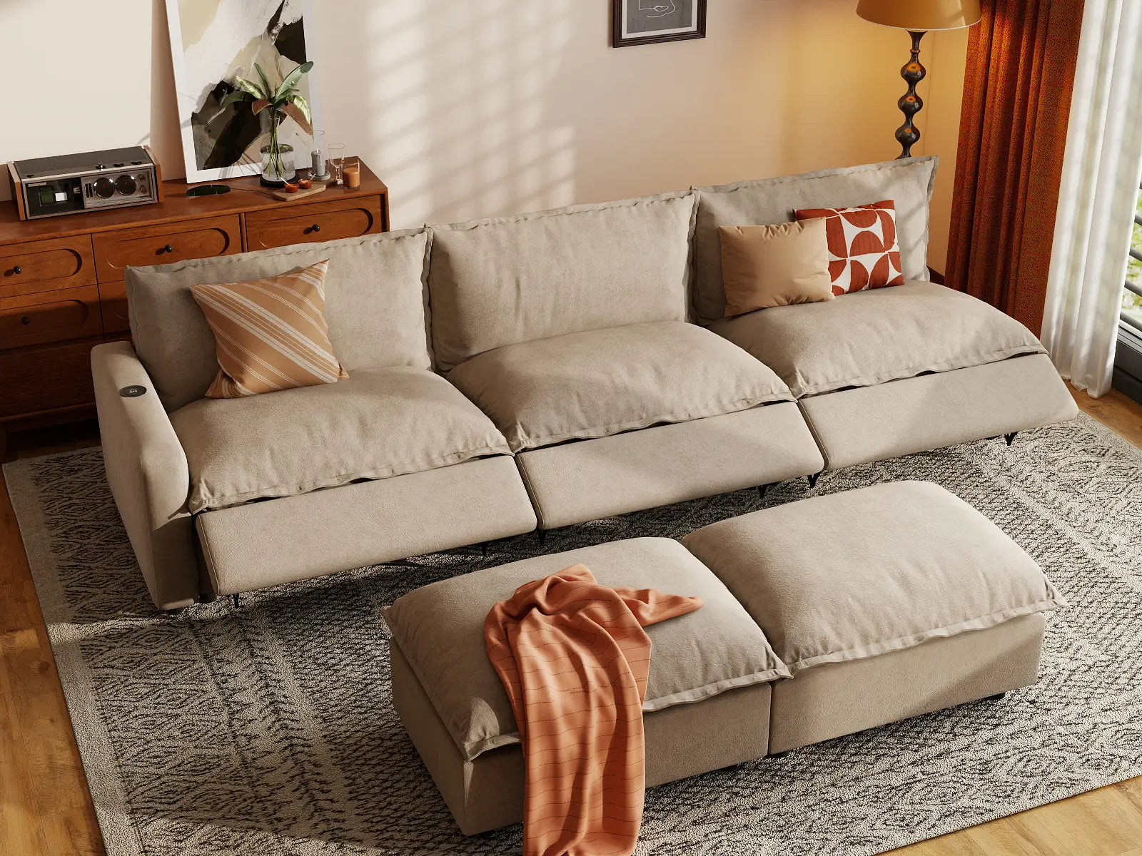 5 Piece Khaki Linen Large Space Sofa Sets 3 Seater with 2 Ottomans 7