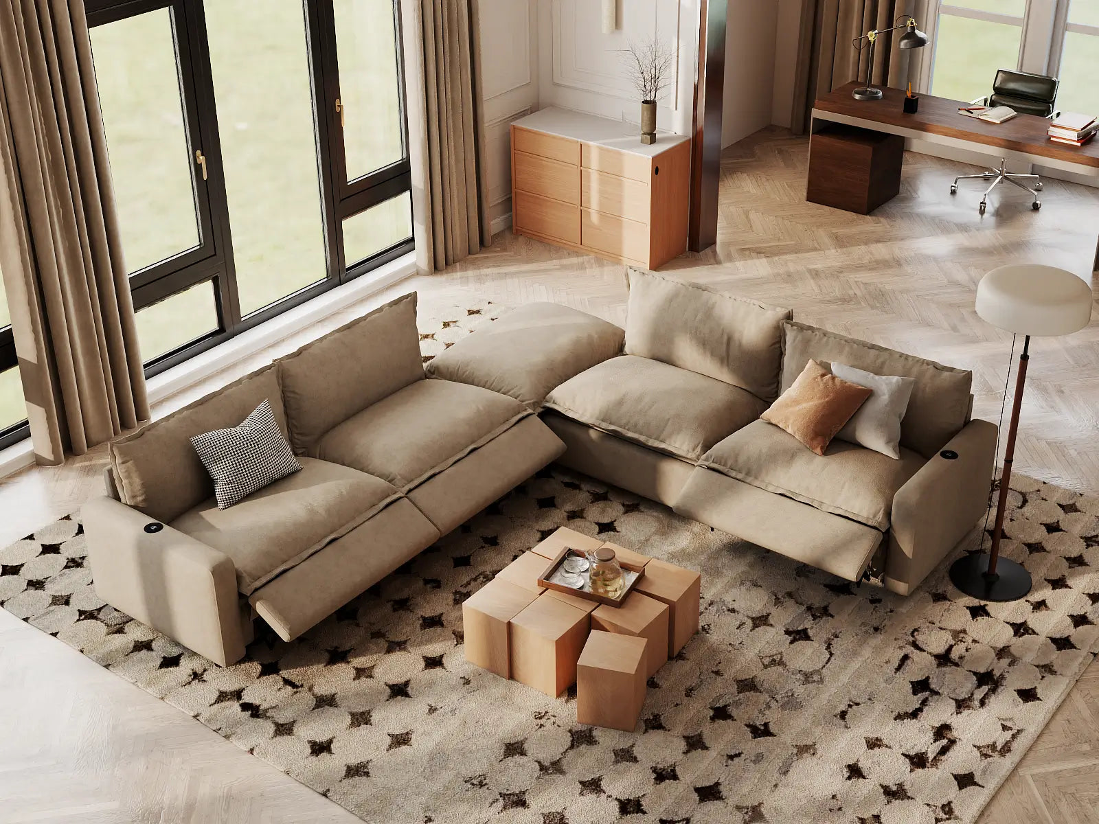 Modular Cero Sectional Couch with Recliner and Chaise | 5-Piece Khaki Linen Large Space V-Shaped Sectionals 4-Seater with 1-Ottoman