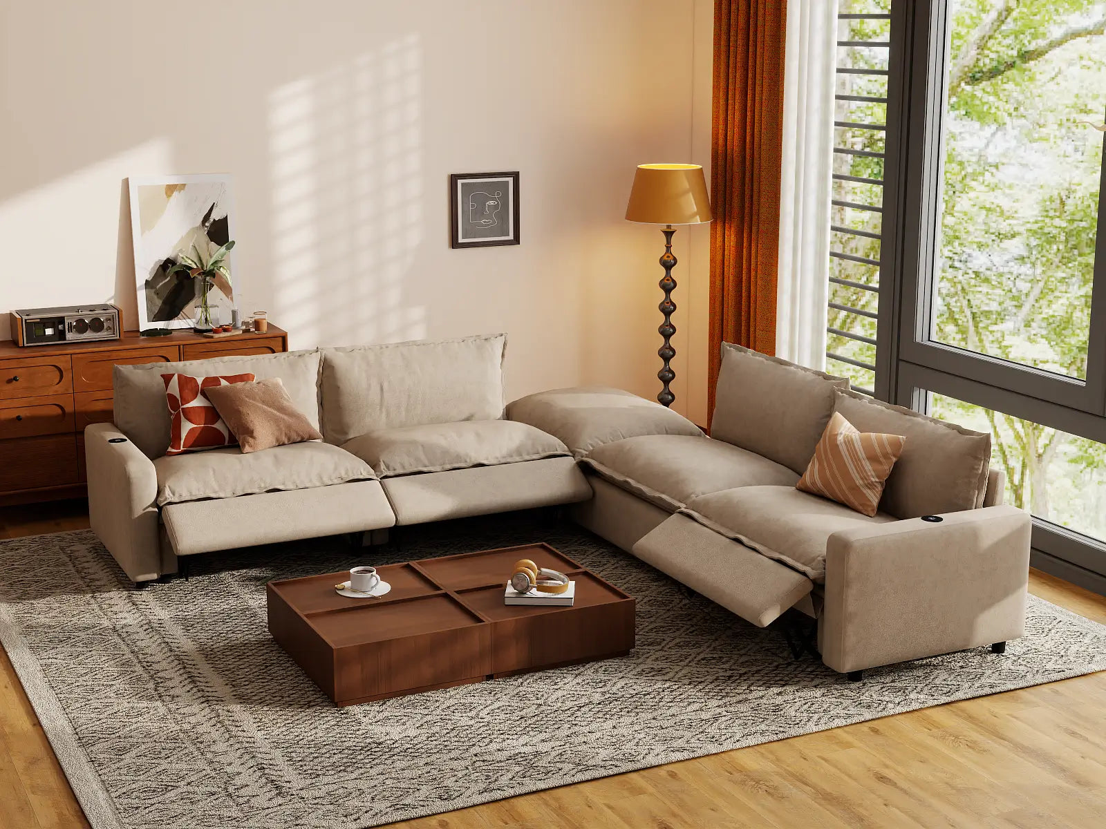 Modular Cero Sectional Couch with Recliner and Chaise | 5-Piece Khaki Linen Large Space V-Shaped Sectionals 4-Seater with 1-Ottoman