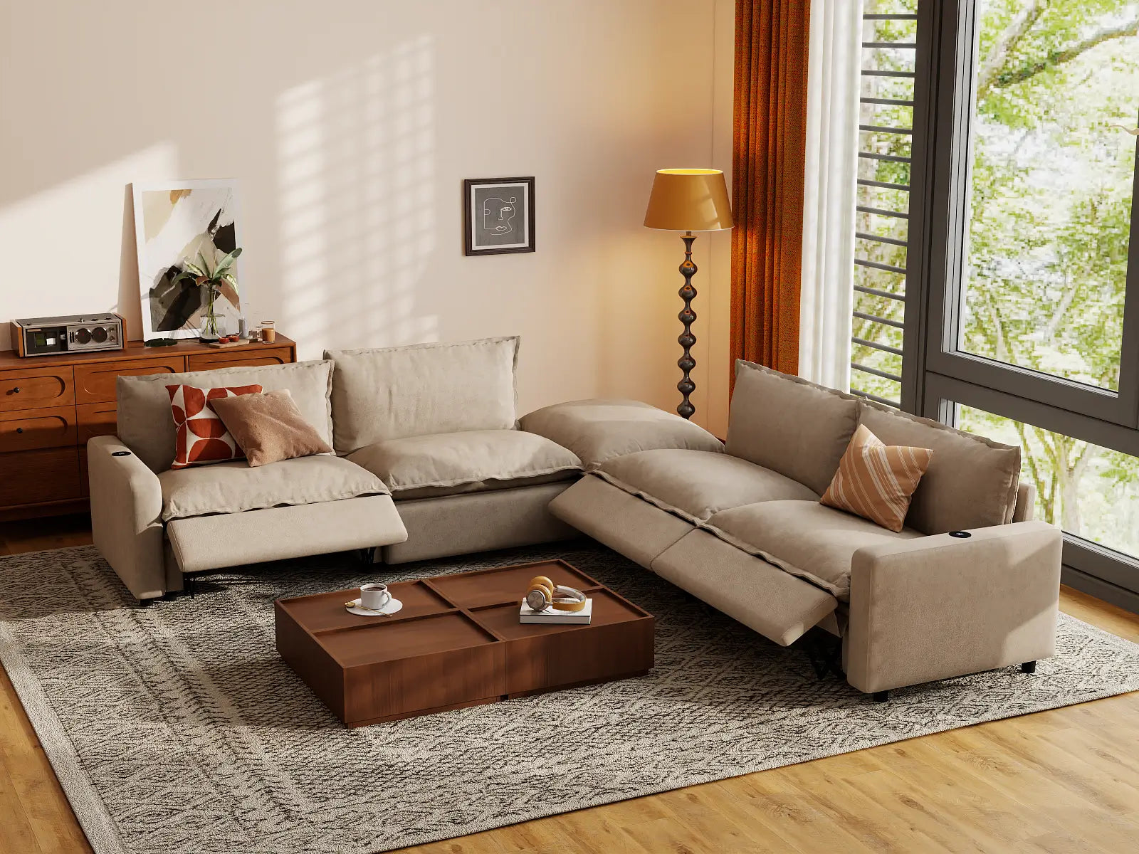 Modular Cero Sectional Couch with Recliner and Chaise | 5-Piece Khaki Linen Large Space V-Shaped Sectionals 4-Seater with 1-Ottoman