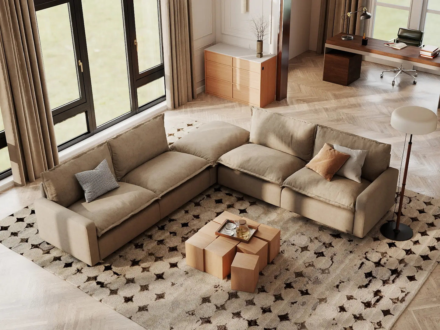 Modular Cero Modular Sectionals | 5-Piece Khaki Linen Large Space V-Shaped Sectionals 4-Seater with 1-Ottoman