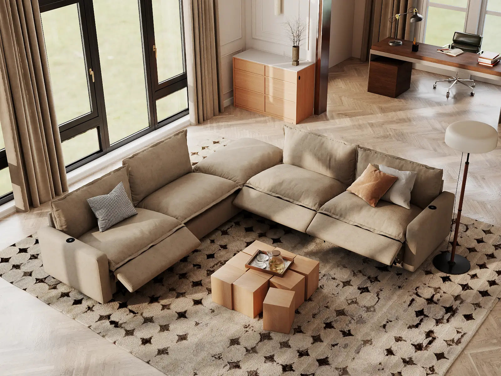 Modular Cero Chaise Sectional with Recliner | 5-Piece Khaki Linen Large Space V-Shaped Sectionals 4-Seater with 1-Ottoman
