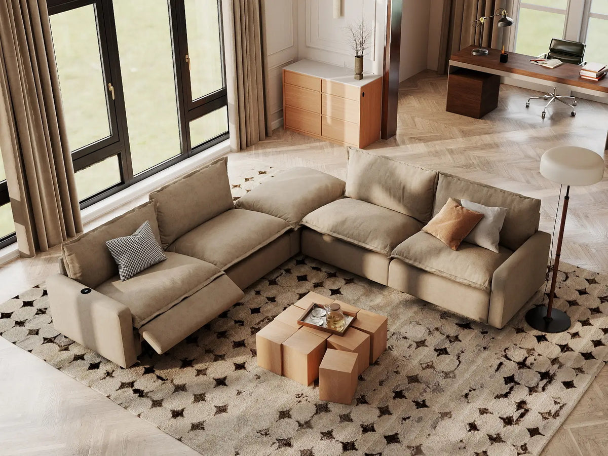 Modular Cero Reclining Sectionals | 5-Piece Khaki Linen Large Space V-Shaped Sectionals 4-Seater with 1-Ottoman