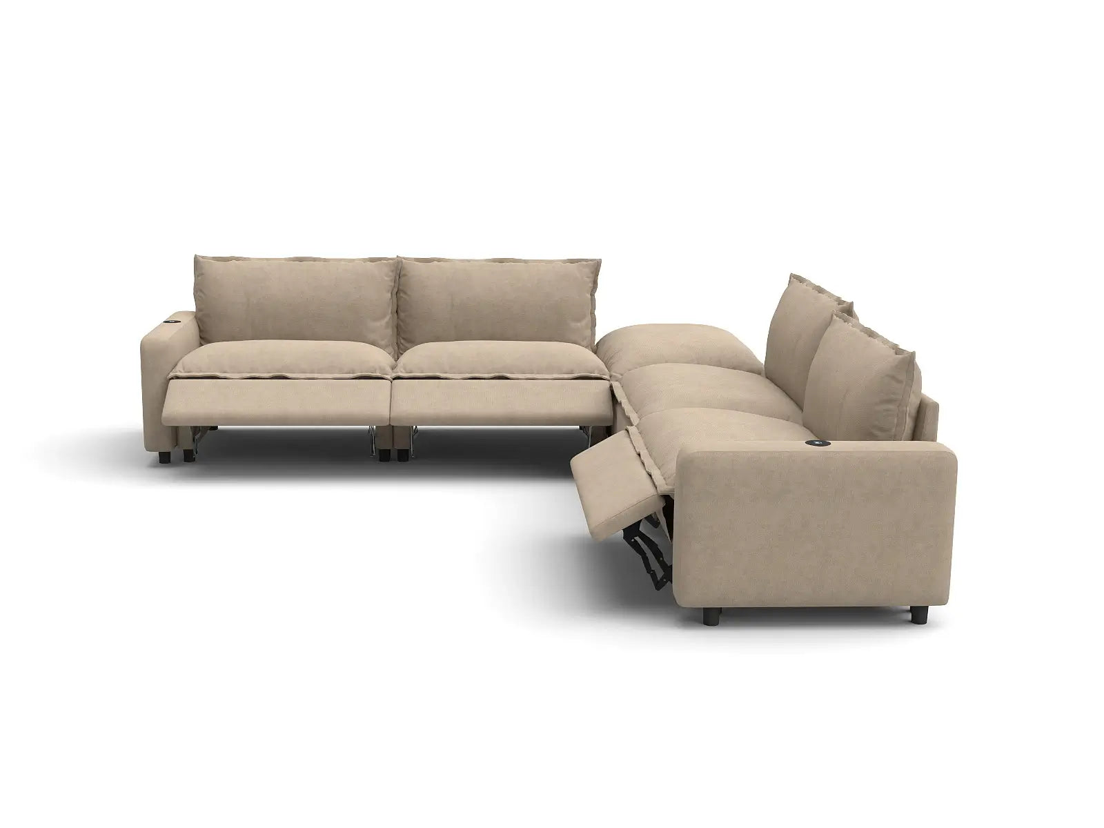 Modular Cero Sectional Couch with Recliner and Chaise | 5-Piece Khaki Linen Large Space V-Shaped Sectionals 4-Seater with 1-Ottoman