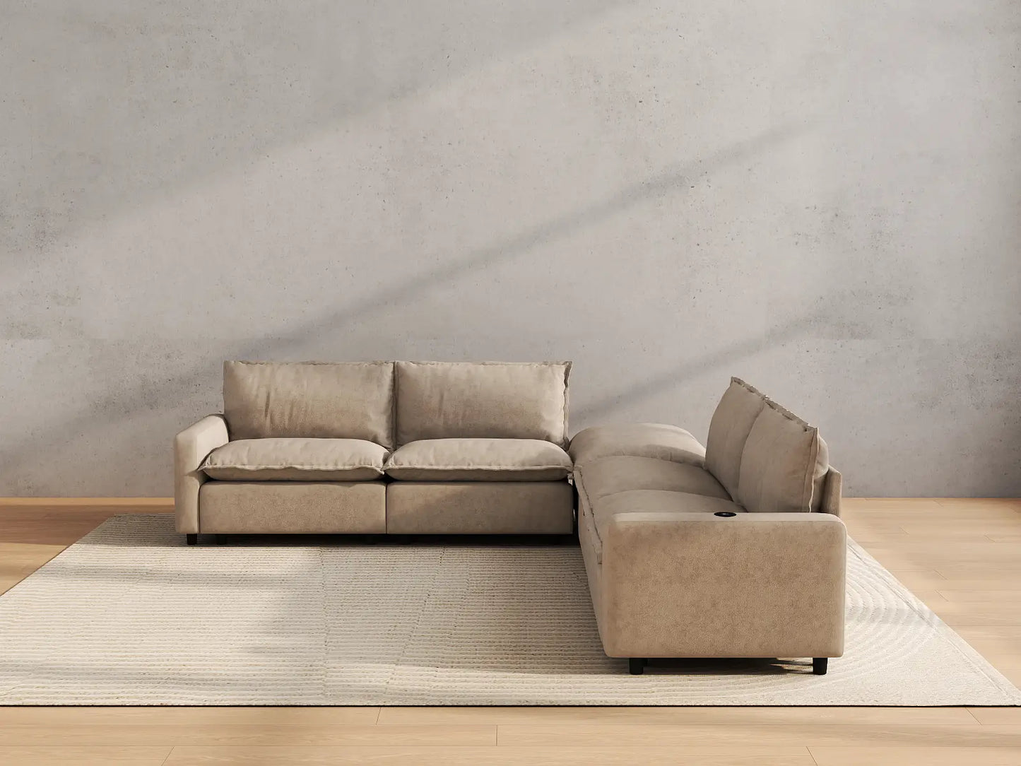 Modular Cero Reclining Sectionals | 5-Piece Khaki Linen Large Space V-Shaped Sectionals 4-Seater with 1-Ottoman