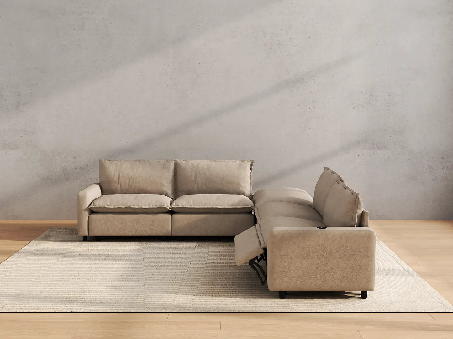 Modular Cero Reclining Sectionals | 5-Piece Khaki Linen Large Space V-Shaped Sectionals 4-Seater with 1-Ottoman