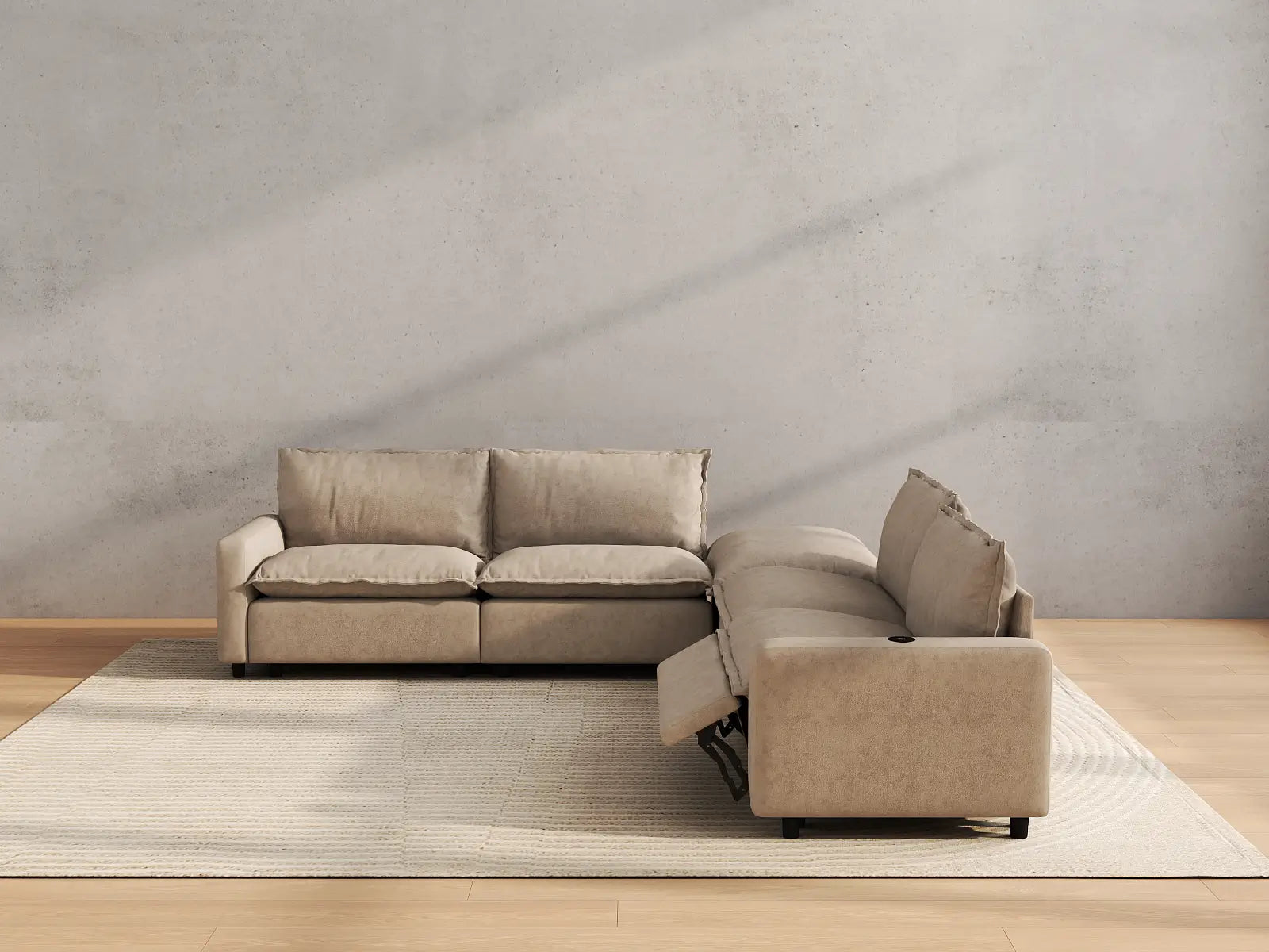 Modular Cero Recliner Sectional with Chaise | 5-Piece Khaki Linen Large Space V-Shaped Sectionals 4-Seater with 1-Ottoman