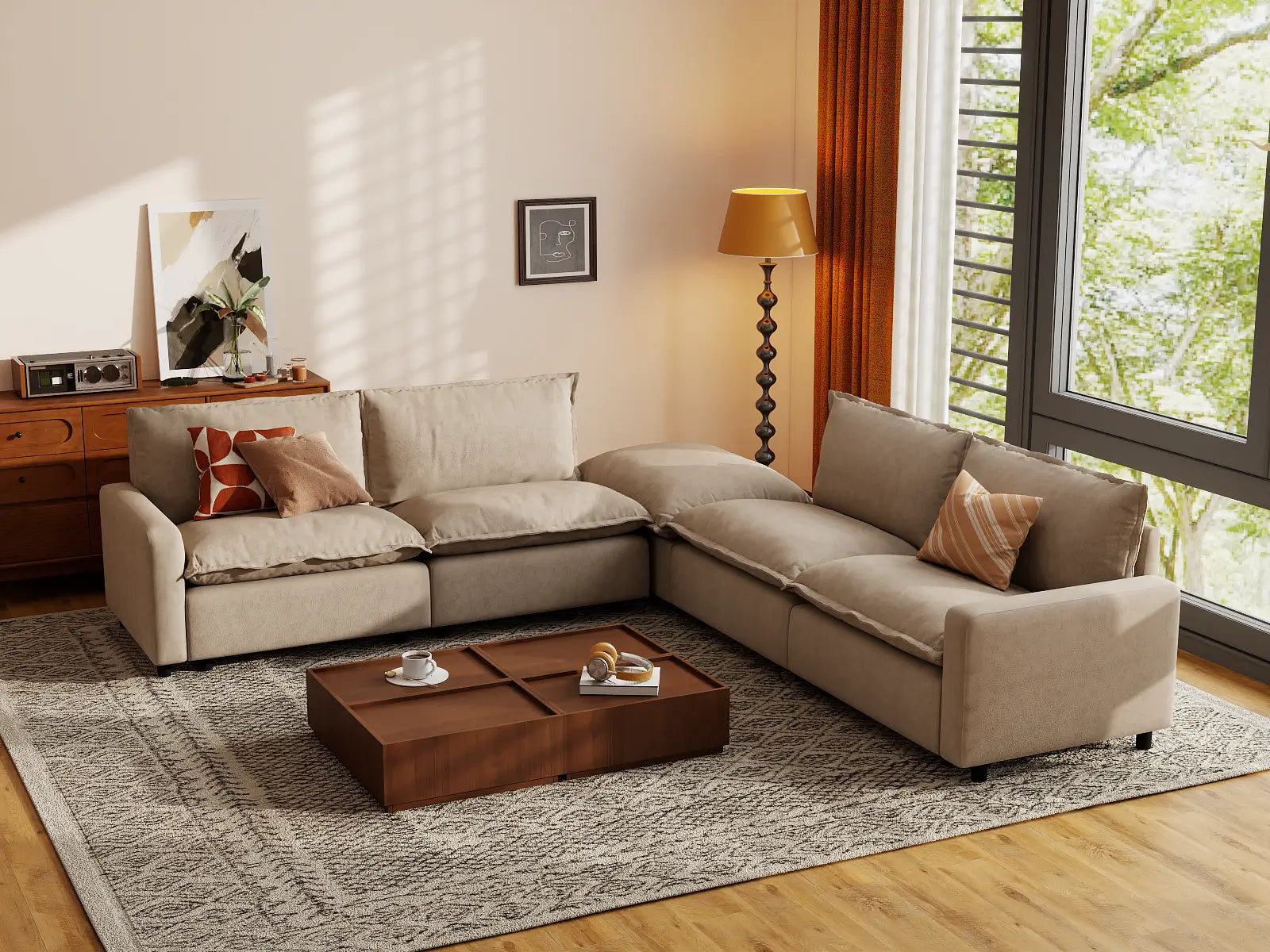 Modular Cero Oversized Modular Sectional Sofa | 5-Piece Khaki Linen Large Space V-Shaped Sectionals 4-Seater with 1-Ottoman