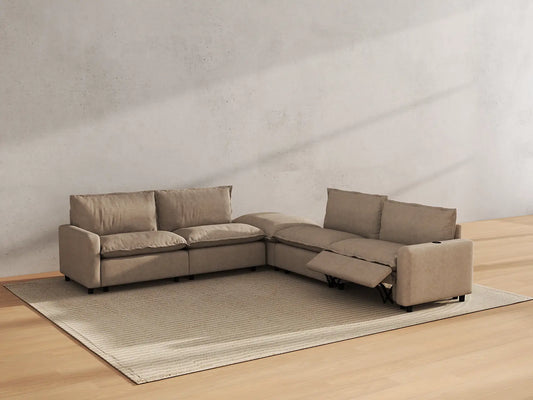 Modular Cero Reclining Sectionals | 5-Piece Khaki Linen Large Space V-Shaped Sectionals 4-Seater with 1-Ottoman