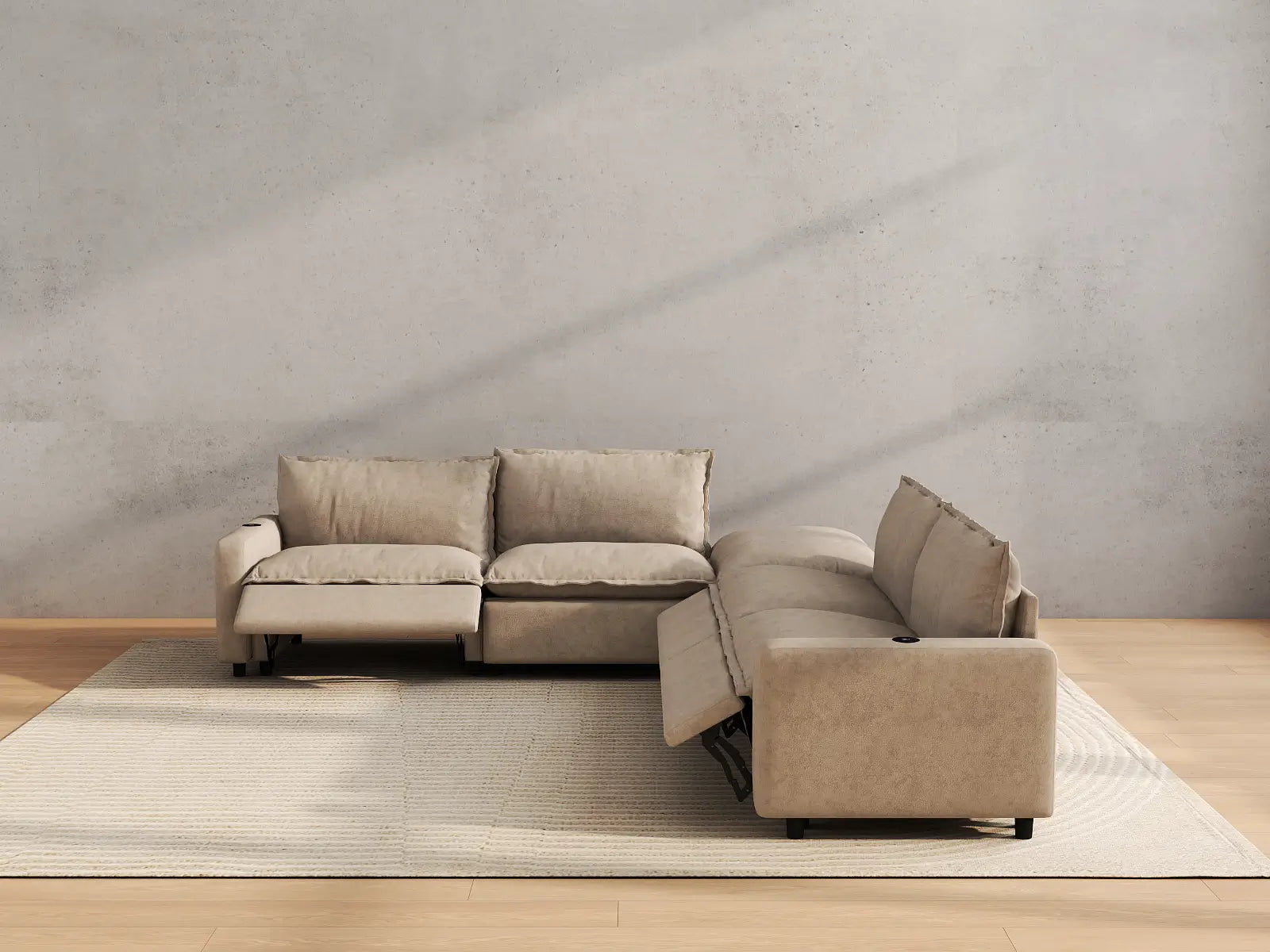 Modular Cero Sectional Couch with Recliner and Chaise | 5-Piece Khaki Linen Large Space V-Shaped Sectionals 4-Seater with 1-Ottoman
