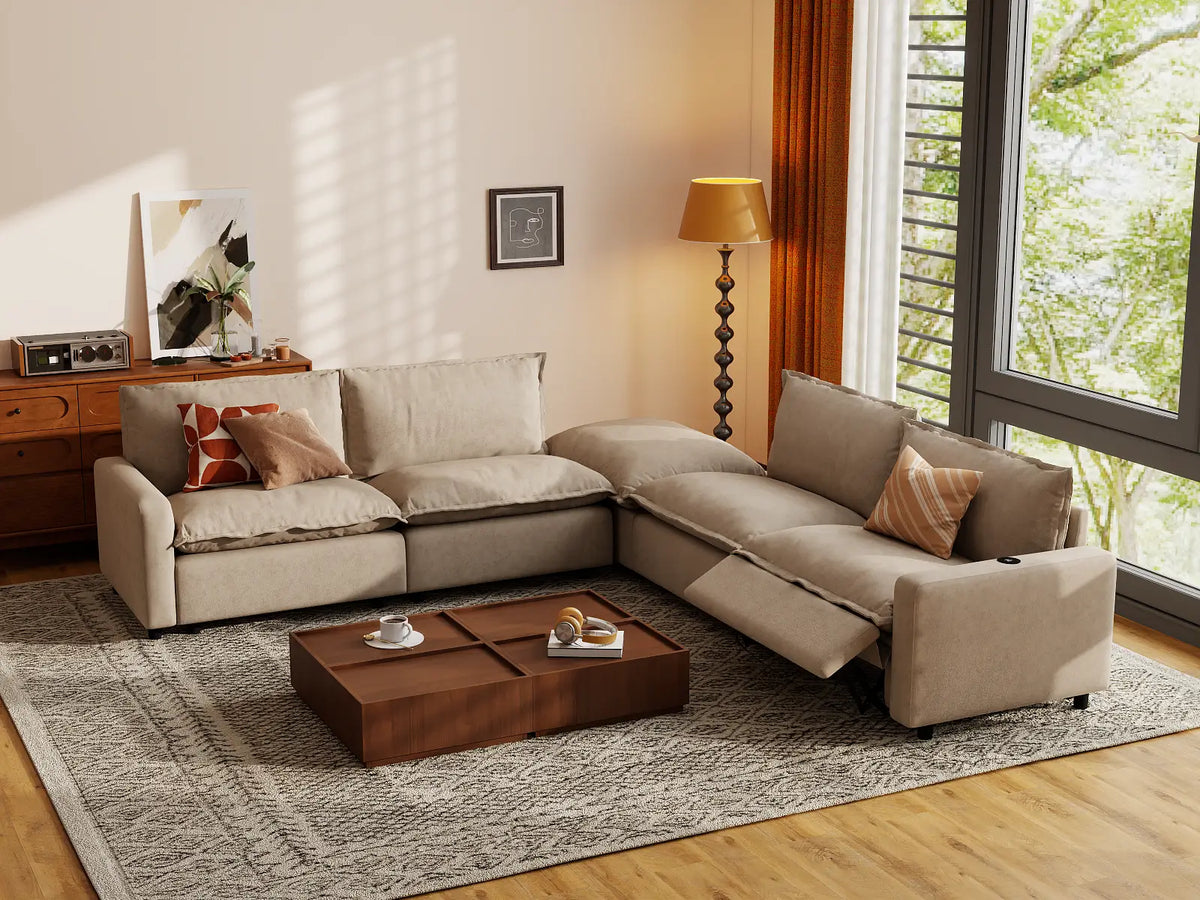 Modular Cero Reclining Sectionals | 5-Piece Khaki Linen Large Space V-Shaped Sectionals 4-Seater with 1-Ottoman