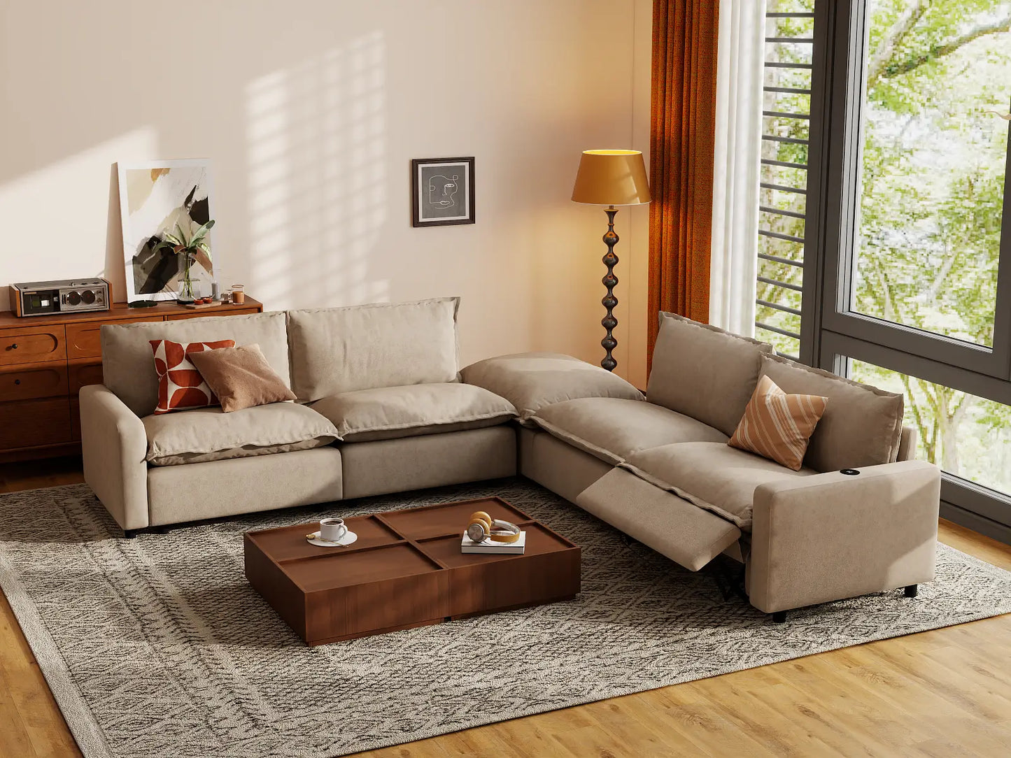 Modular Cero Reclining Sectionals | 5-Piece Khaki Linen Large Space V-Shaped Sectionals 4-Seater with 1-Ottoman
