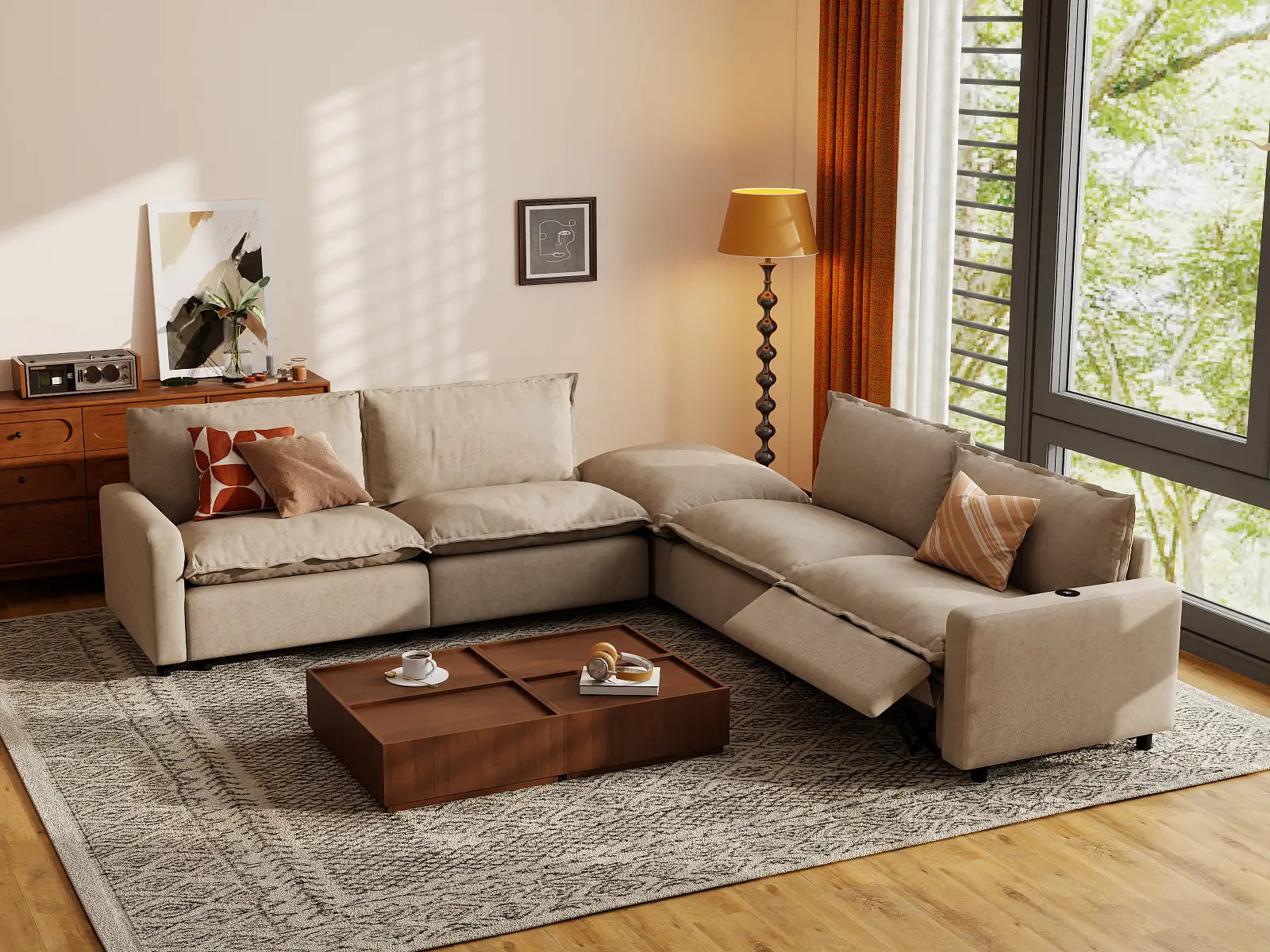 Modular Cero Recliner Sectional with Chaise | 5-Piece Khaki Linen Large Space V-Shaped Sectionals 4-Seater with 1-Ottoman