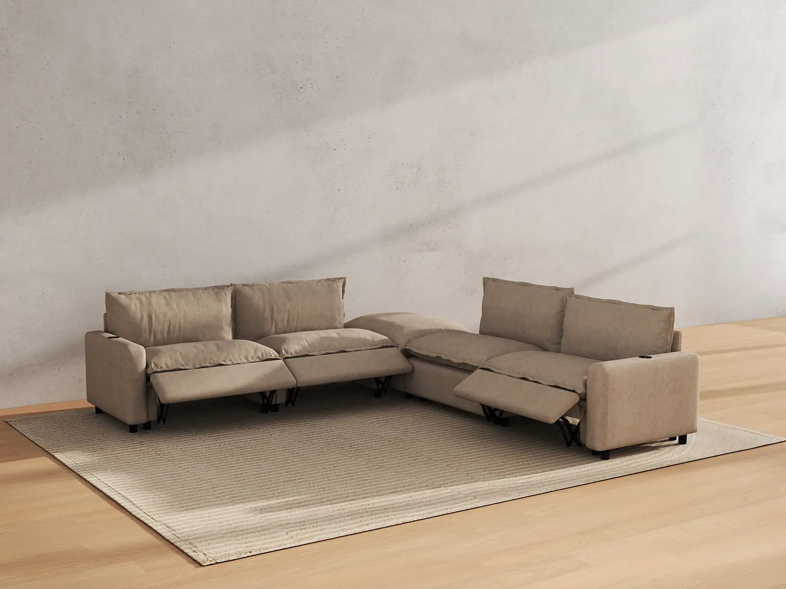 Modular Cero Sectional Couch with Recliner and Chaise | 5-Piece Khaki Linen Large Space V-Shaped Sectionals 4-Seater with 1-Ottoman