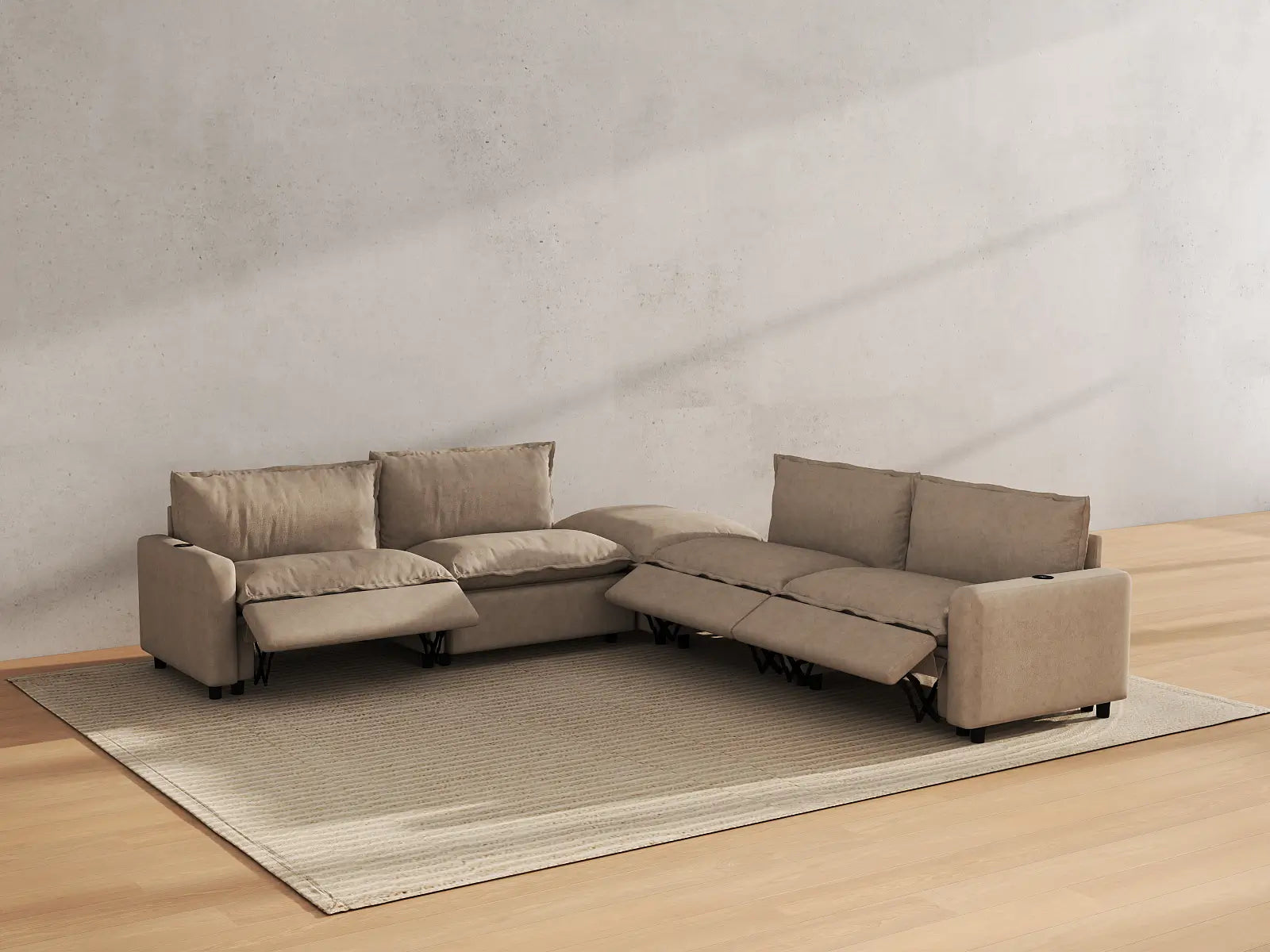 Modular Cero Sectional Couch with Recliner and Chaise | 5-Piece Khaki Linen Large Space V-Shaped Sectionals 4-Seater with 1-Ottoman