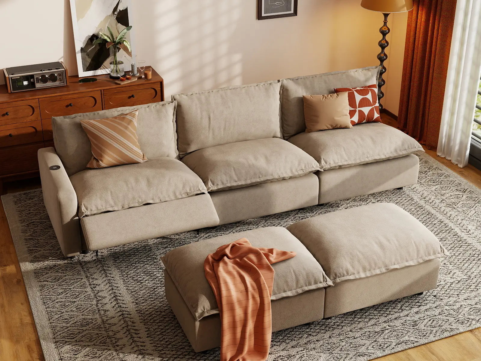 5 Piece Khaki Linen Loft Style Sofa Sets 3 Seater with 2 Ottomans 1