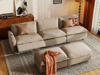 5 Piece Khaki Linen Loft Style Sofa Sets 3 Seater with 2 Ottomans 1
