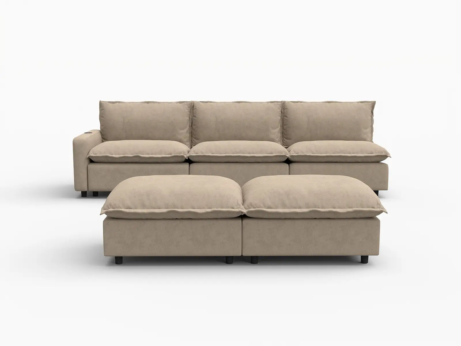 5 Piece Khaki Linen Loft Style Sofa Sets 3 Seater with 2 Ottomans 2